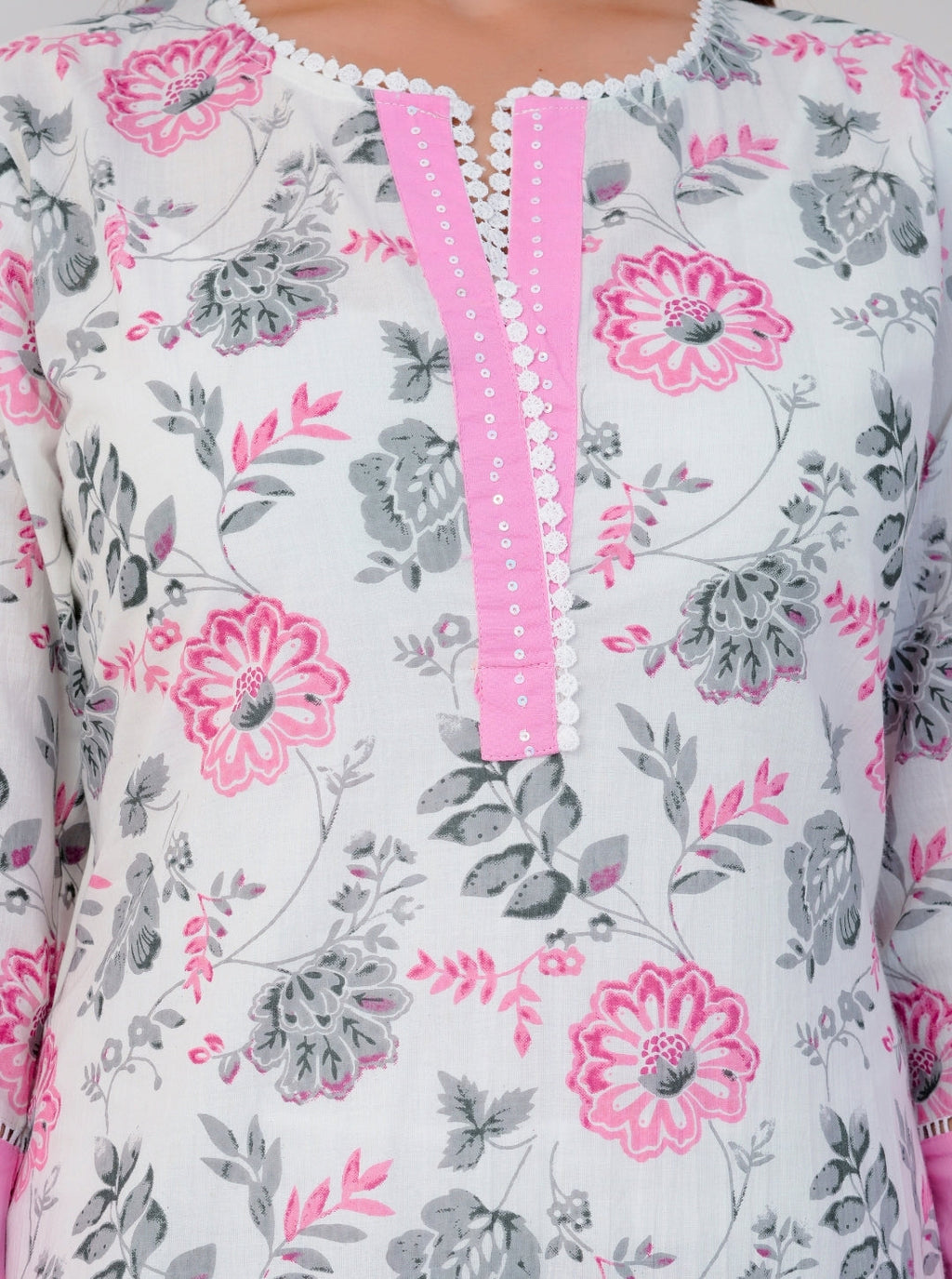White and Pink Floral Printed Cotton Kurta Set with Dupatta