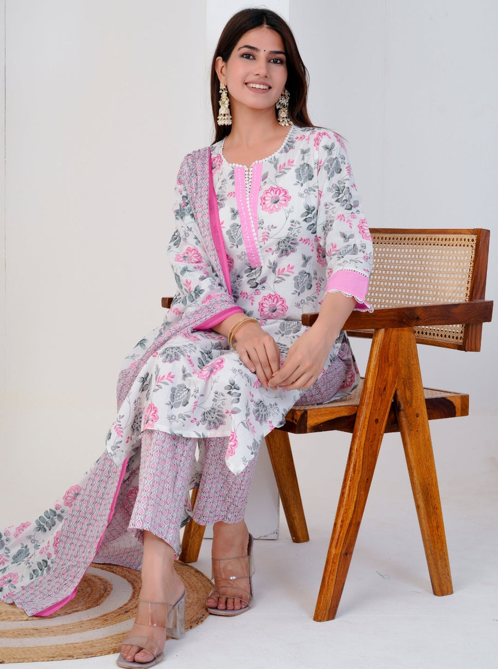 White and Pink Floral Printed Cotton Kurta Set with Dupatta