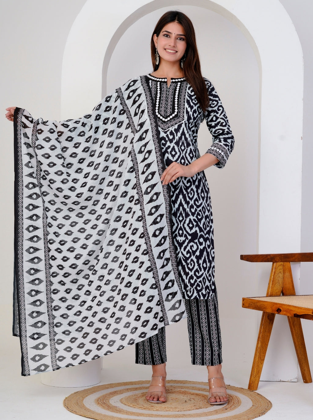 Black Ikat Printed Kurta Set for Women - Cotton Kurta with Printed Pants and Dupatta