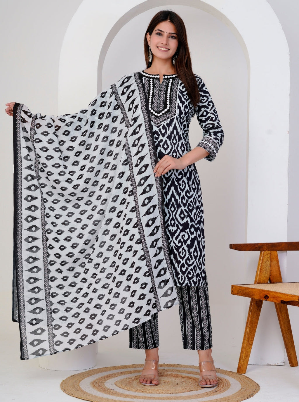 Black Ikat Printed Kurta Set for Women - Cotton Kurta with Printed Pants and Dupatta