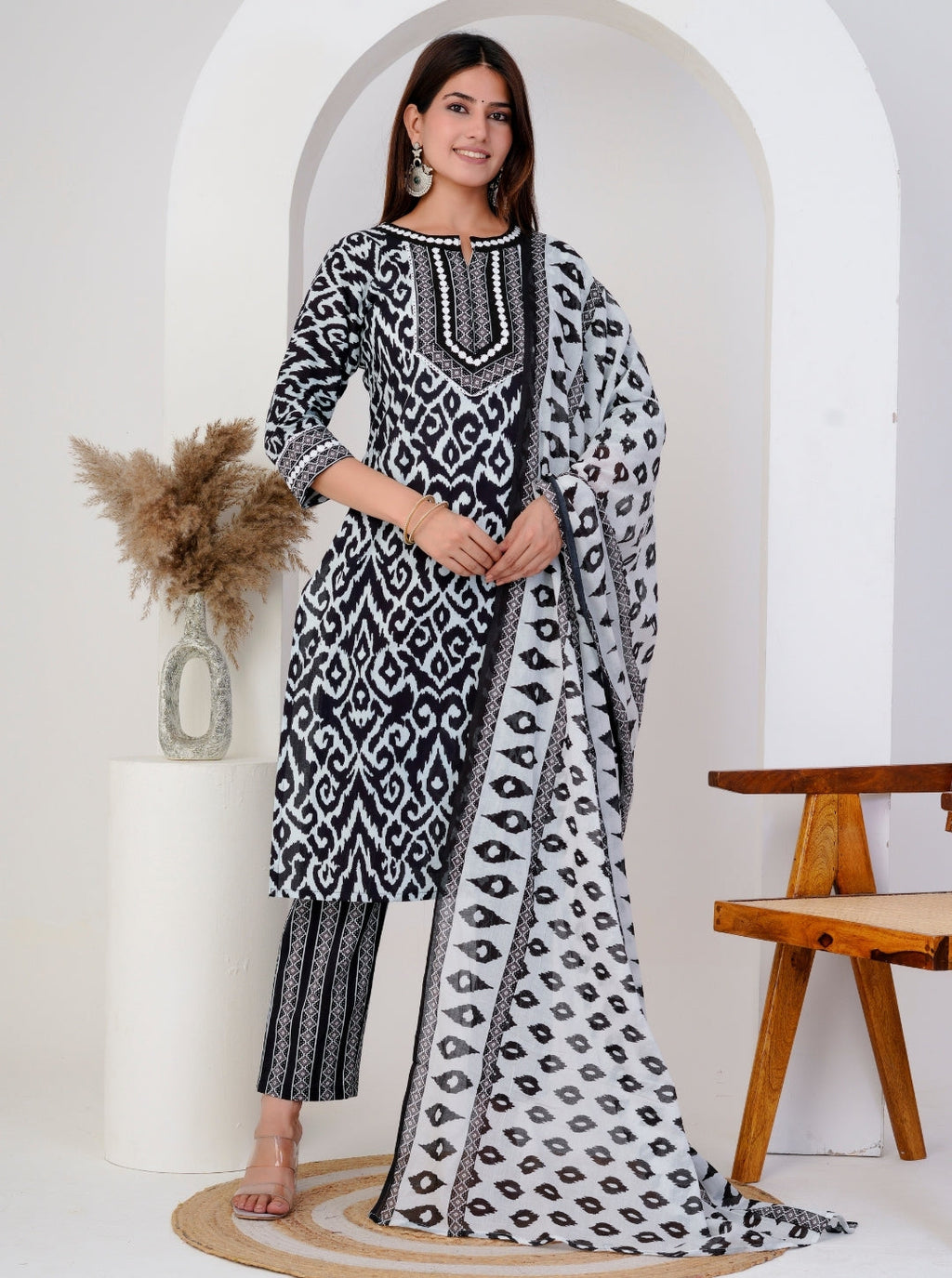 Black Ikat Printed Kurta Set for Women - Cotton Kurta with Printed Pants and Dupatta