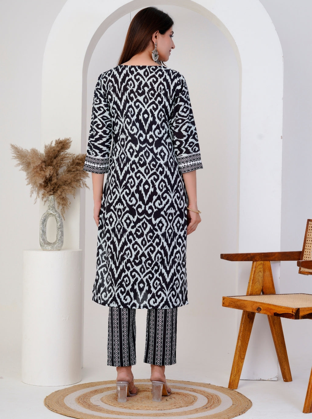 Black Ikat Printed Kurta Set for Women - Cotton Kurta with Printed Pants and Dupatta