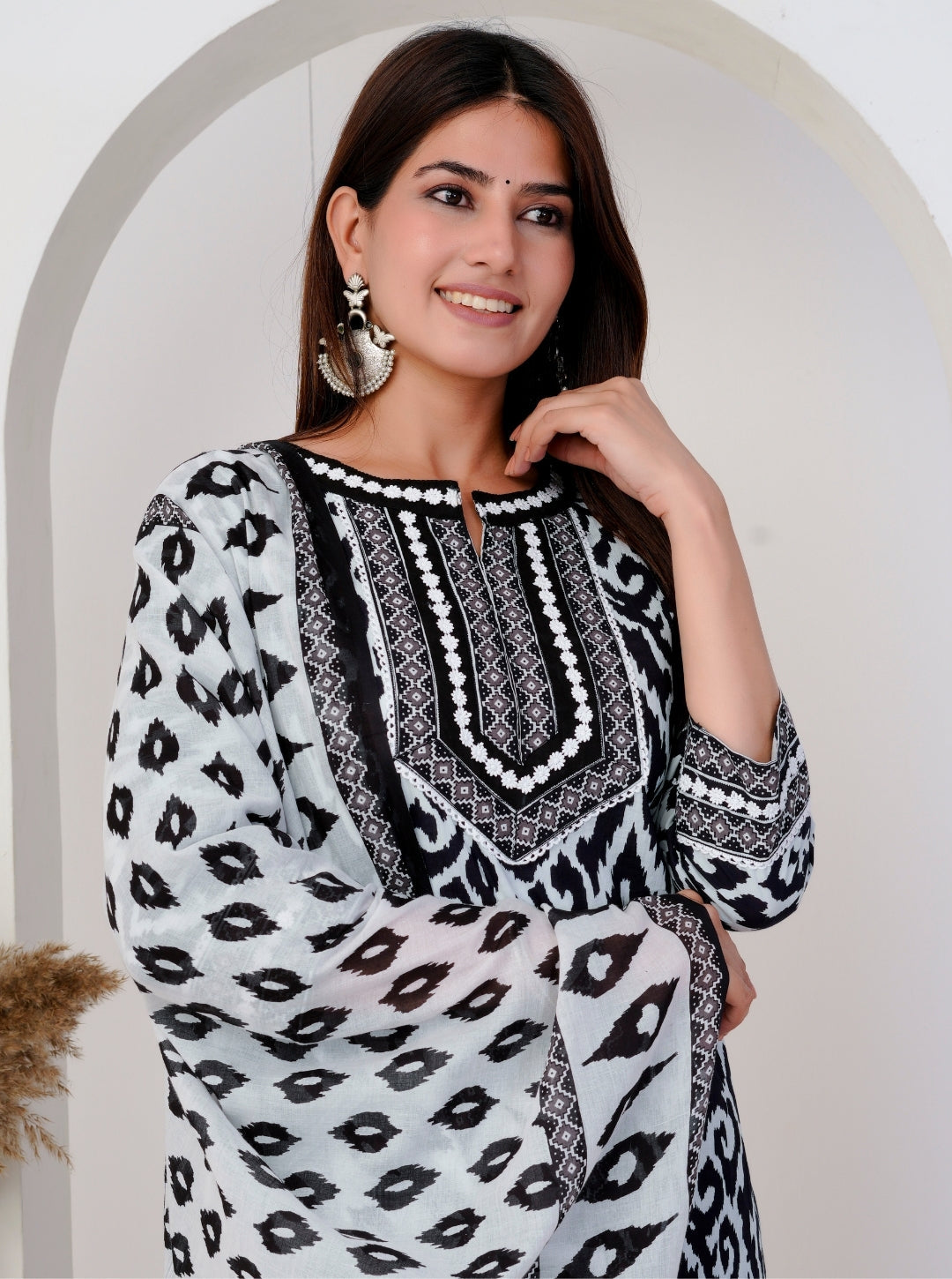 Black Ikat Printed Kurta Set for Women - Cotton Kurta with Printed Pants and Dupatta