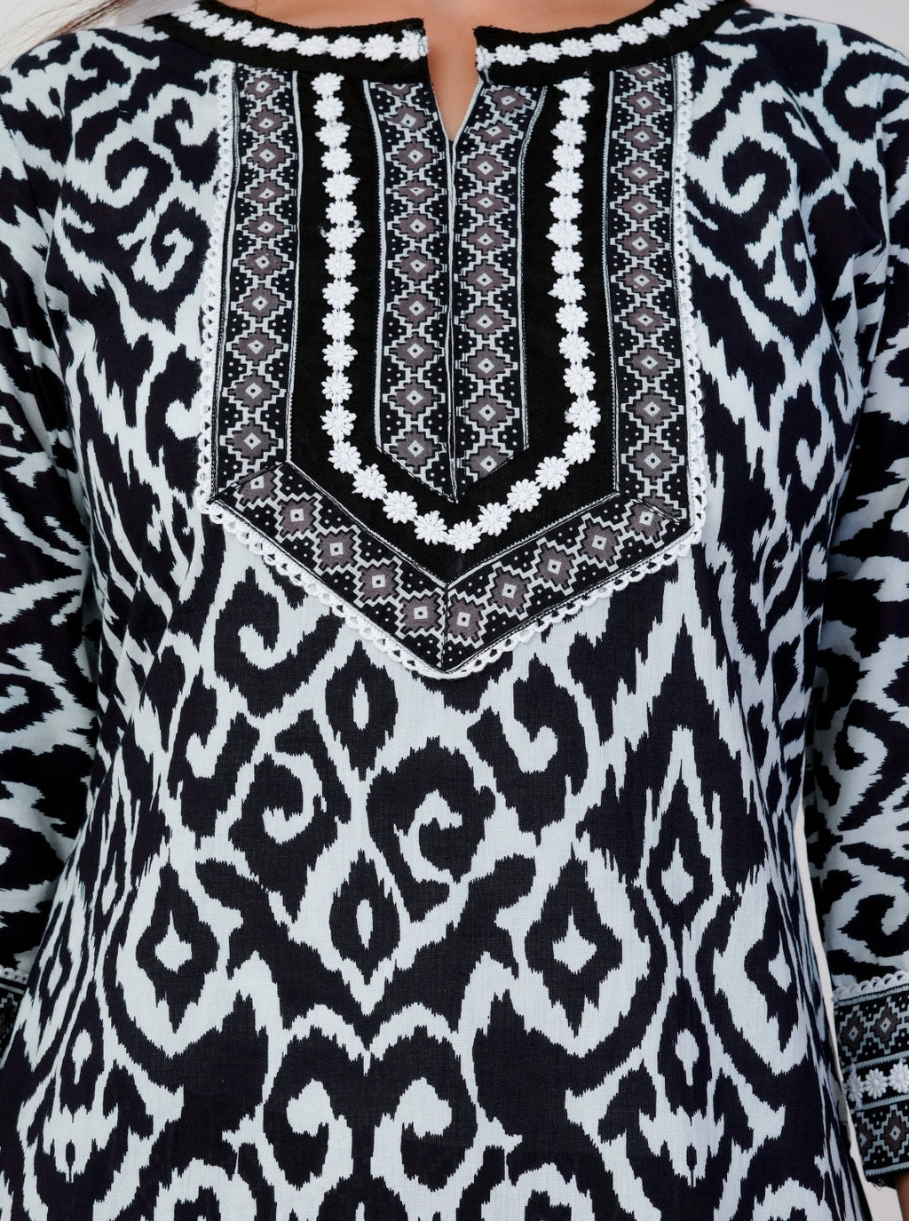 Black Ikat Printed Kurta Set for Women - Cotton Kurta with Printed Pants and Dupatta