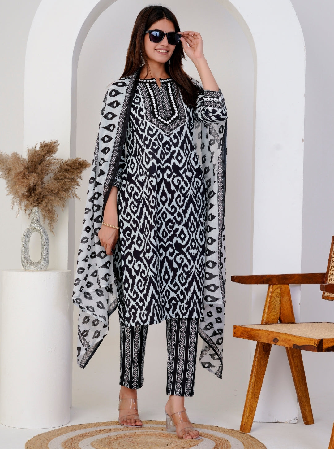 Black Ikat Printed Kurta Set for Women - Cotton Kurta with Printed Pants and Dupatta