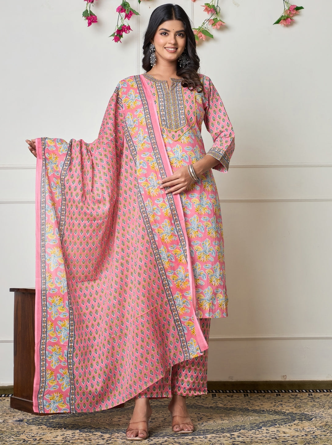 Elegant Pink Floral Printed Cotton Kurta Set with Dupatta for Women