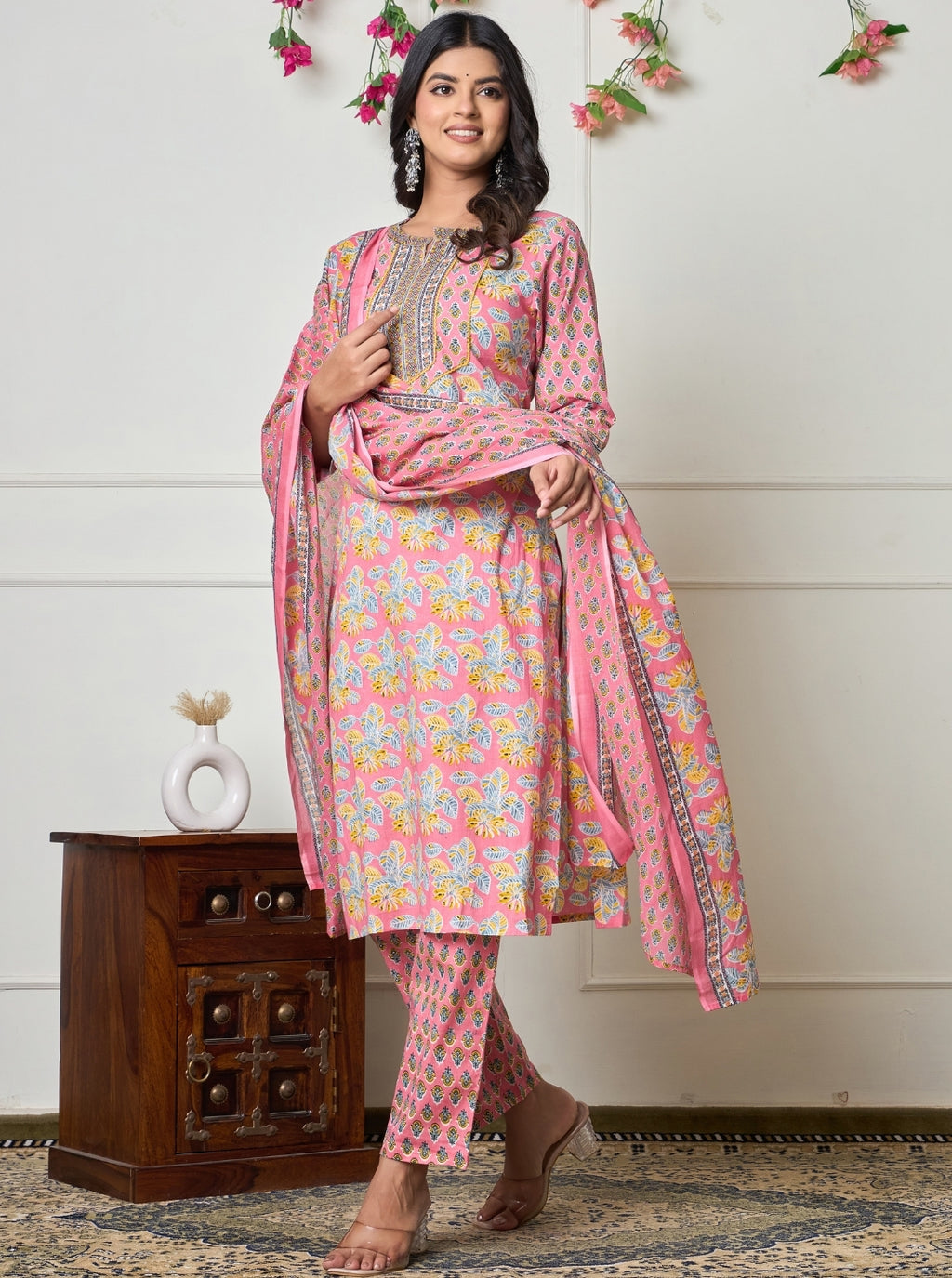 Elegant Pink Floral Printed Cotton Kurta Set with Dupatta for Women