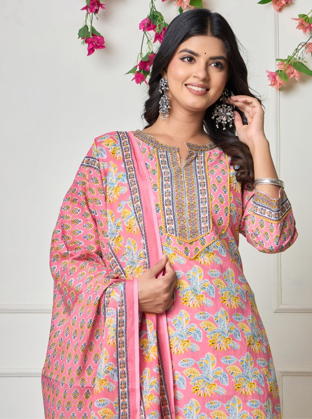 Elegant Pink Floral Printed Cotton Kurta Set with Dupatta for Women
