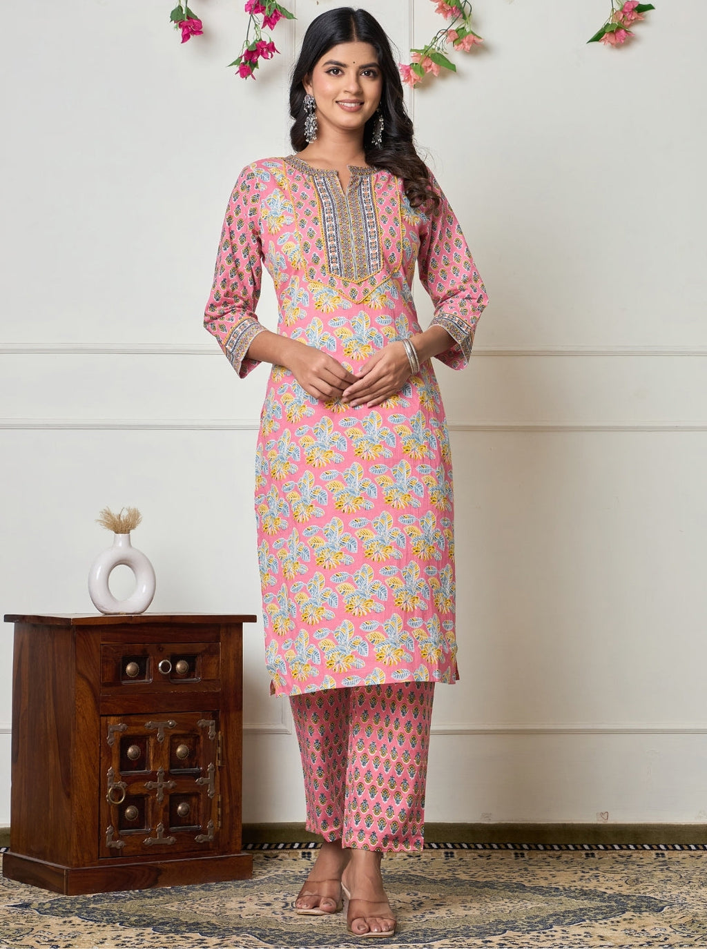 Elegant Pink Floral Printed Cotton Kurta Set with Dupatta for Women