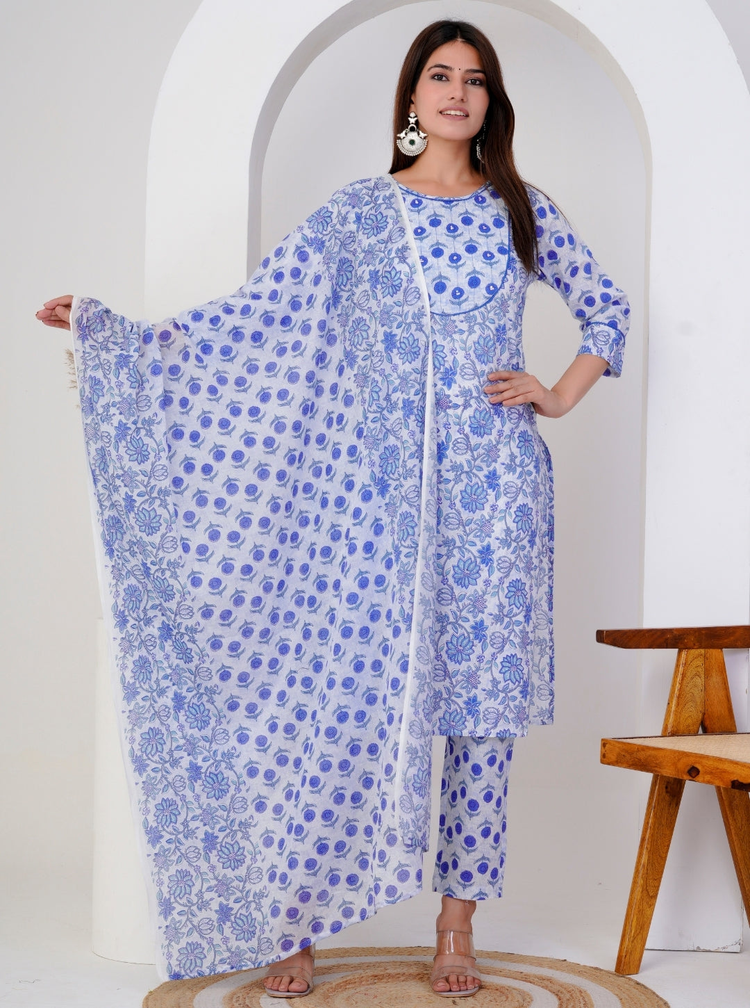 Blue Handblock Floral Printed Cotton Kurta Set with Dupatta – Elegant Summer Ethnic Wear