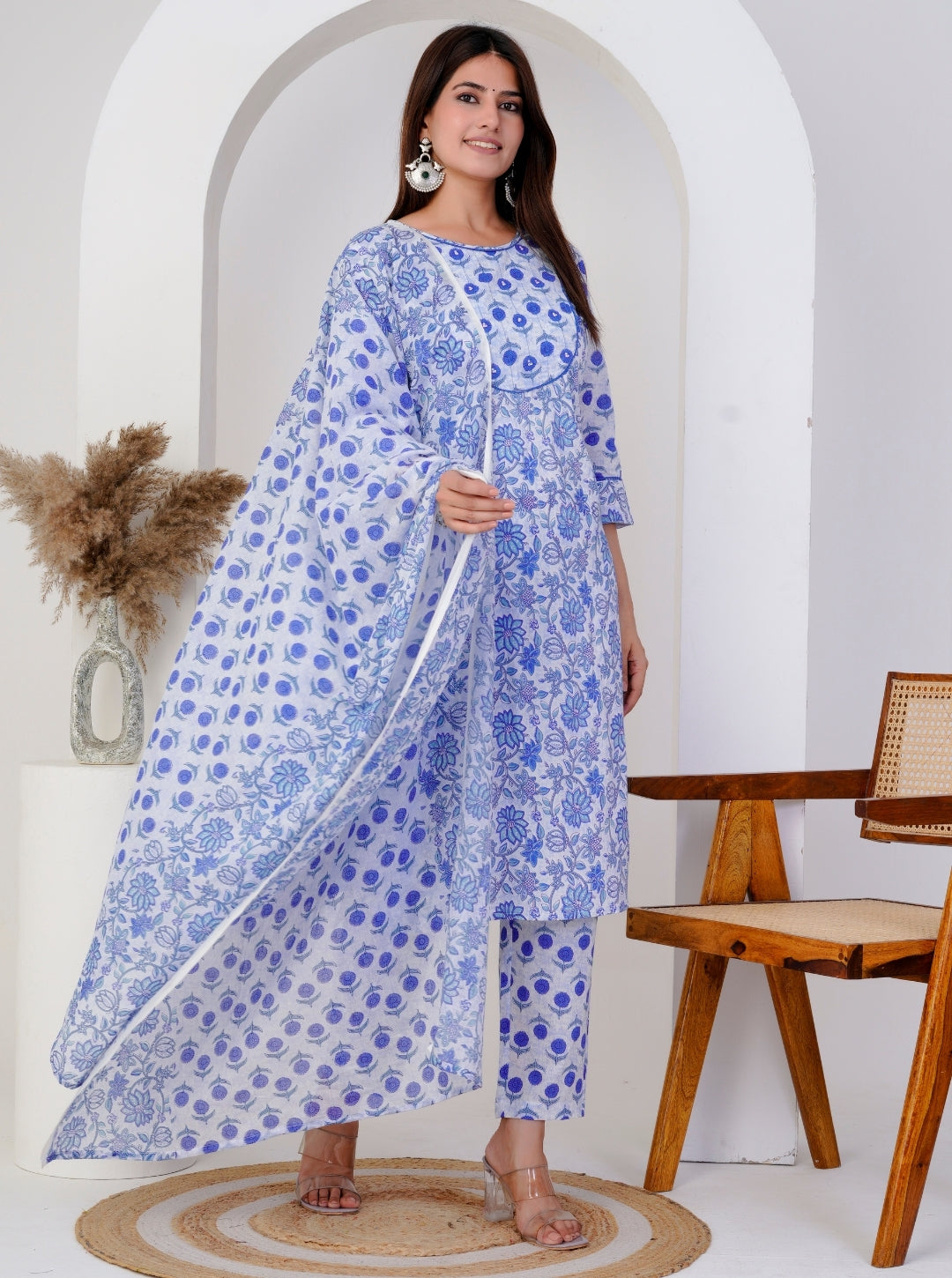 Blue Handblock Floral Printed Cotton Kurta Set with Dupatta – Elegant Summer Ethnic Wear