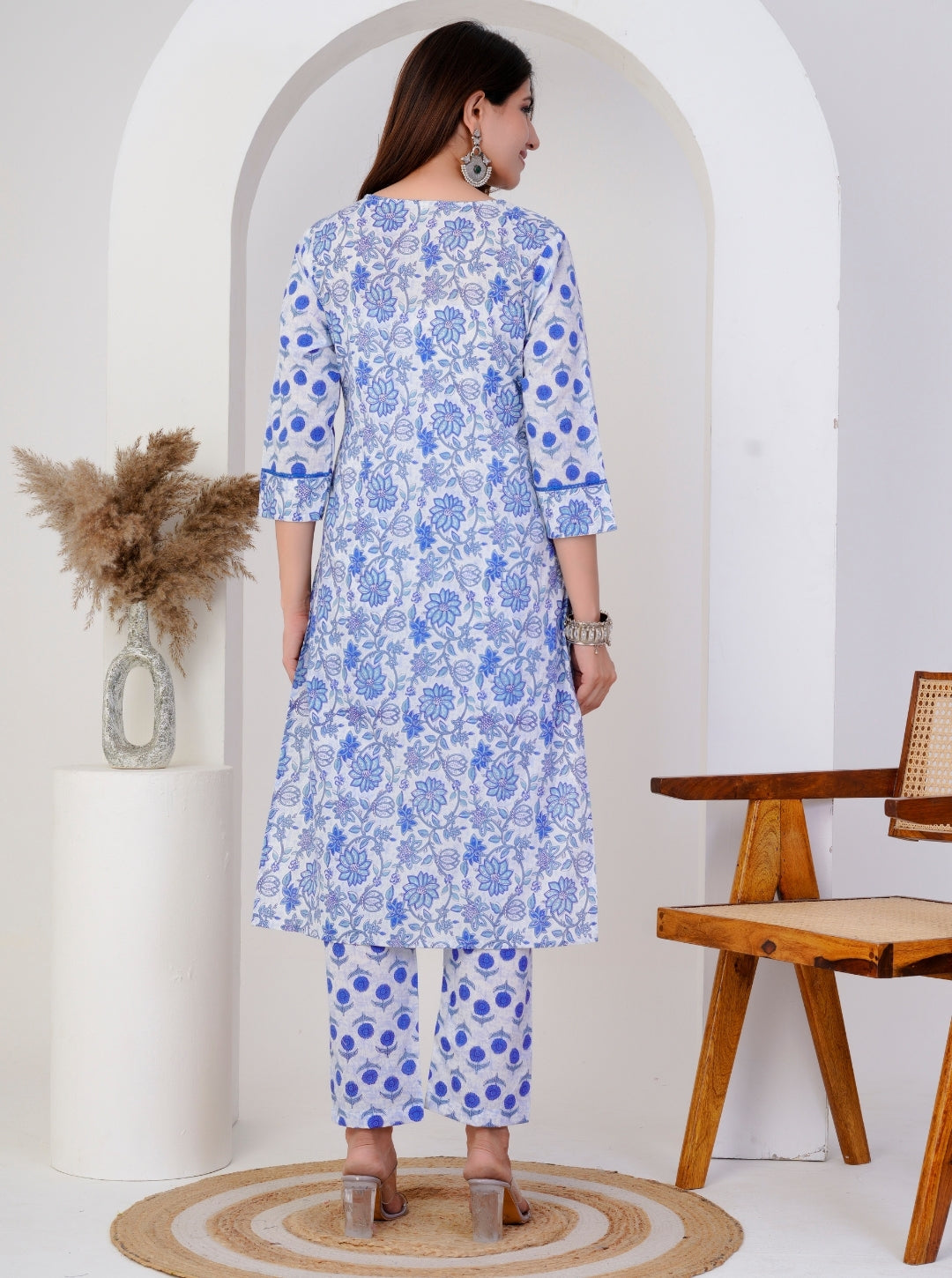 Blue Handblock Floral Printed Cotton Kurta Set with Dupatta – Elegant Summer Ethnic Wear