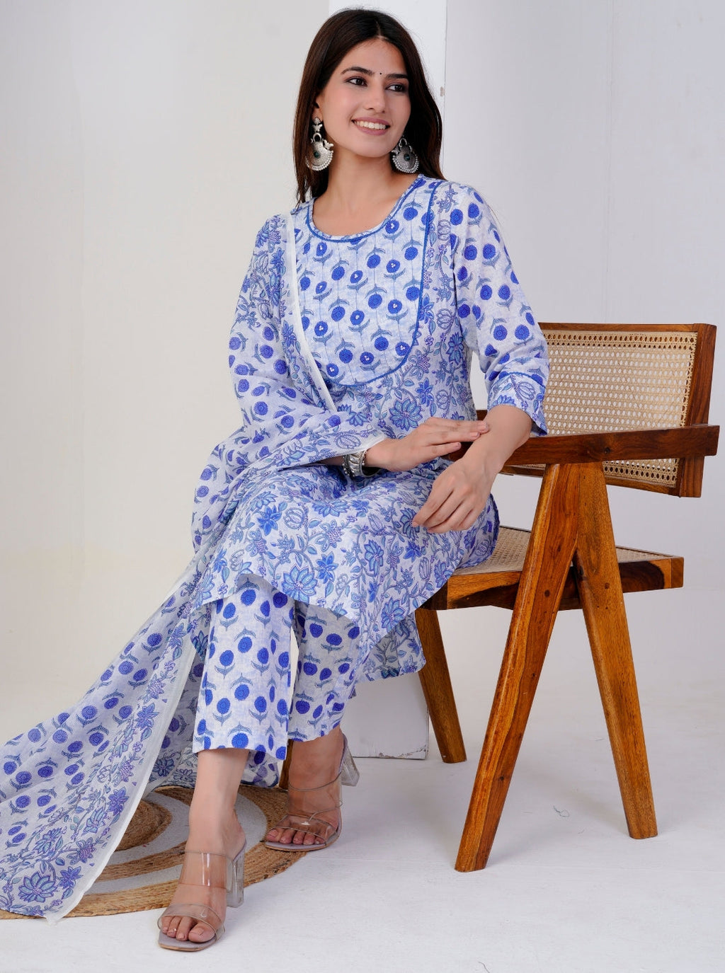Blue Handblock Floral Printed Cotton Kurta Set with Dupatta – Elegant Summer Ethnic Wear
