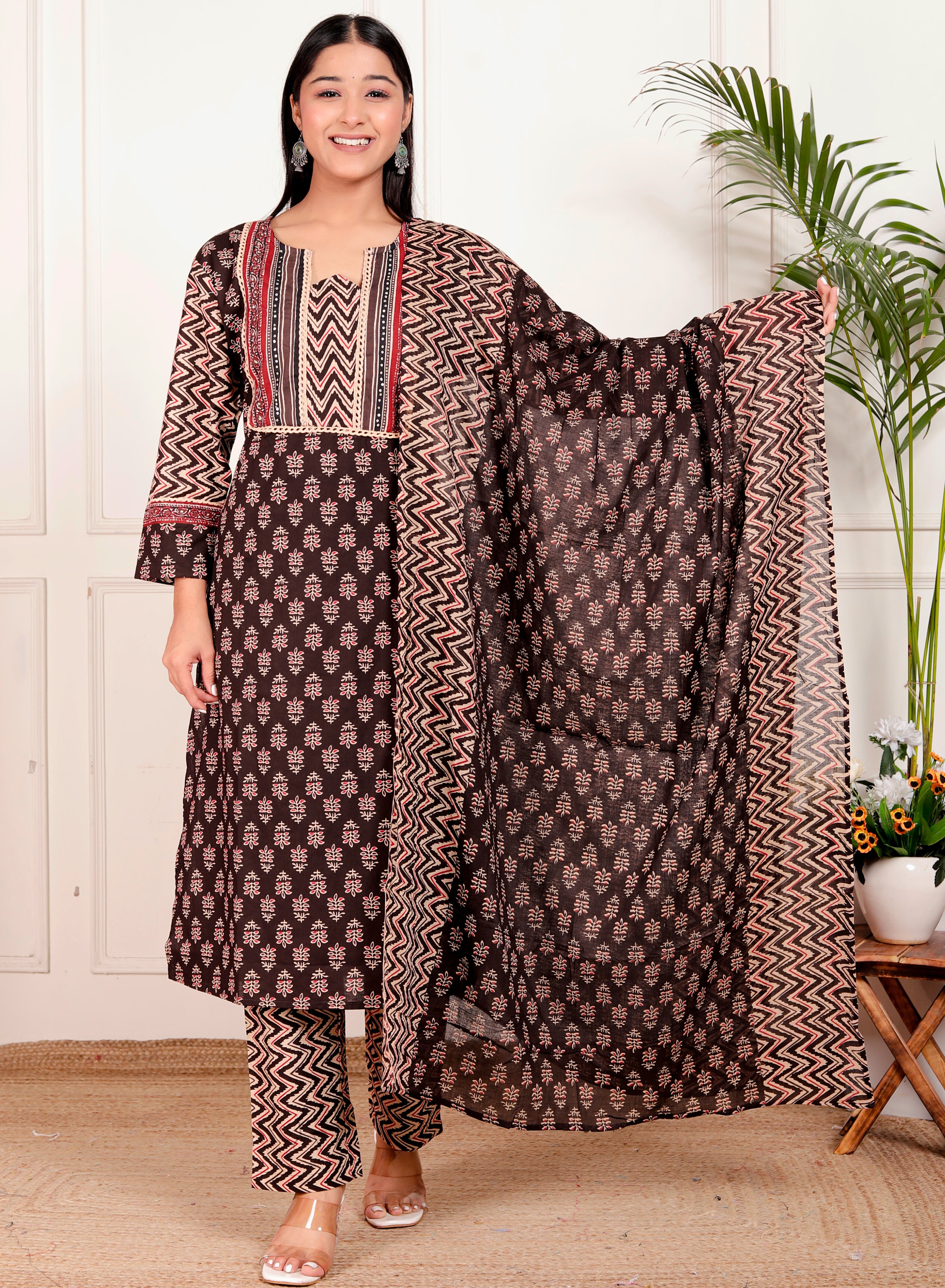 Brown Cotton Printed Kurta Pant Dupatta Set for Women – Ethnic Block Print