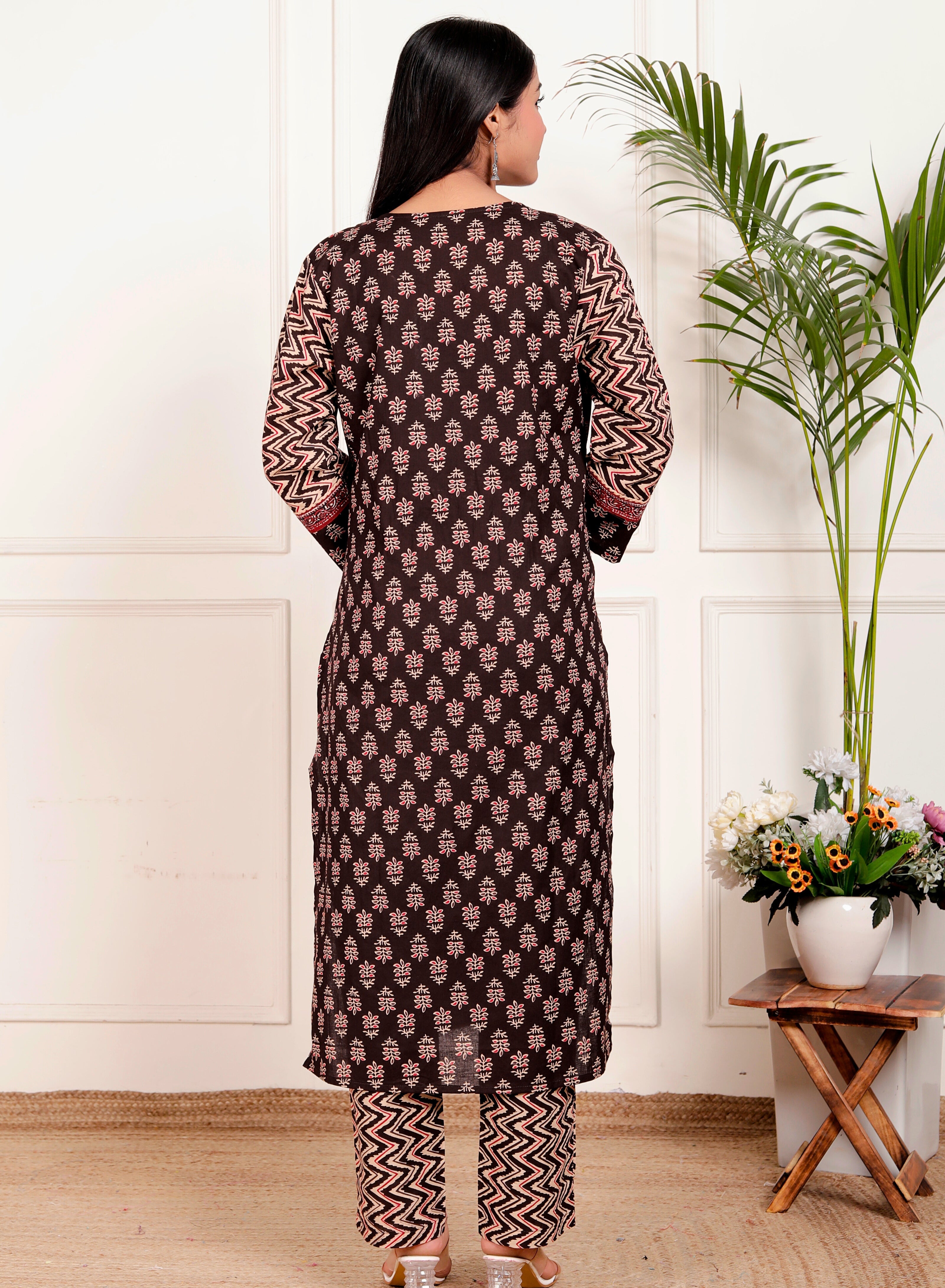 Brown Cotton Printed Kurta Pant Dupatta Set for Women – Ethnic Block Print