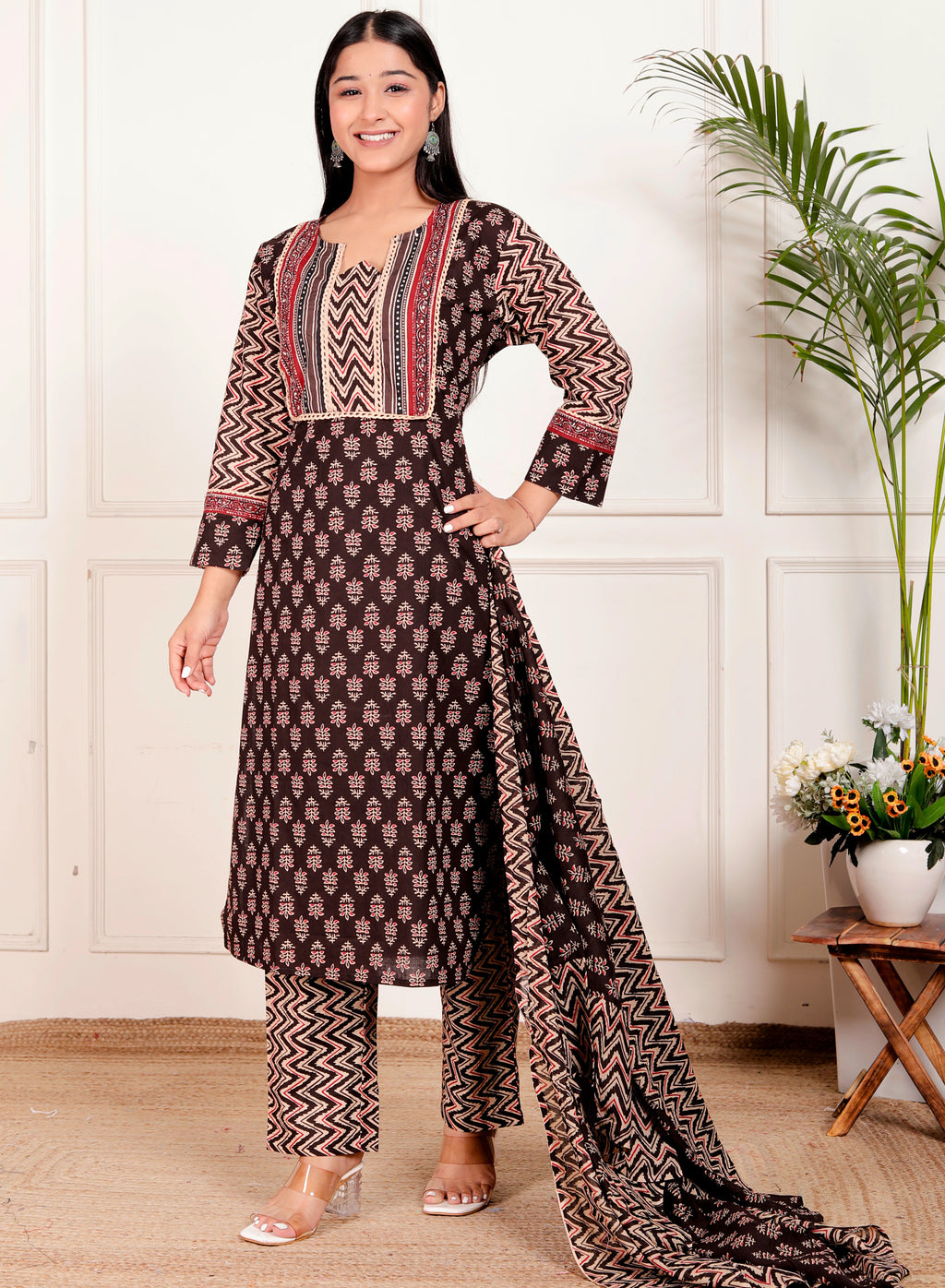 Brown Cotton Printed Kurta Pant Dupatta Set for Women – Ethnic Block Print