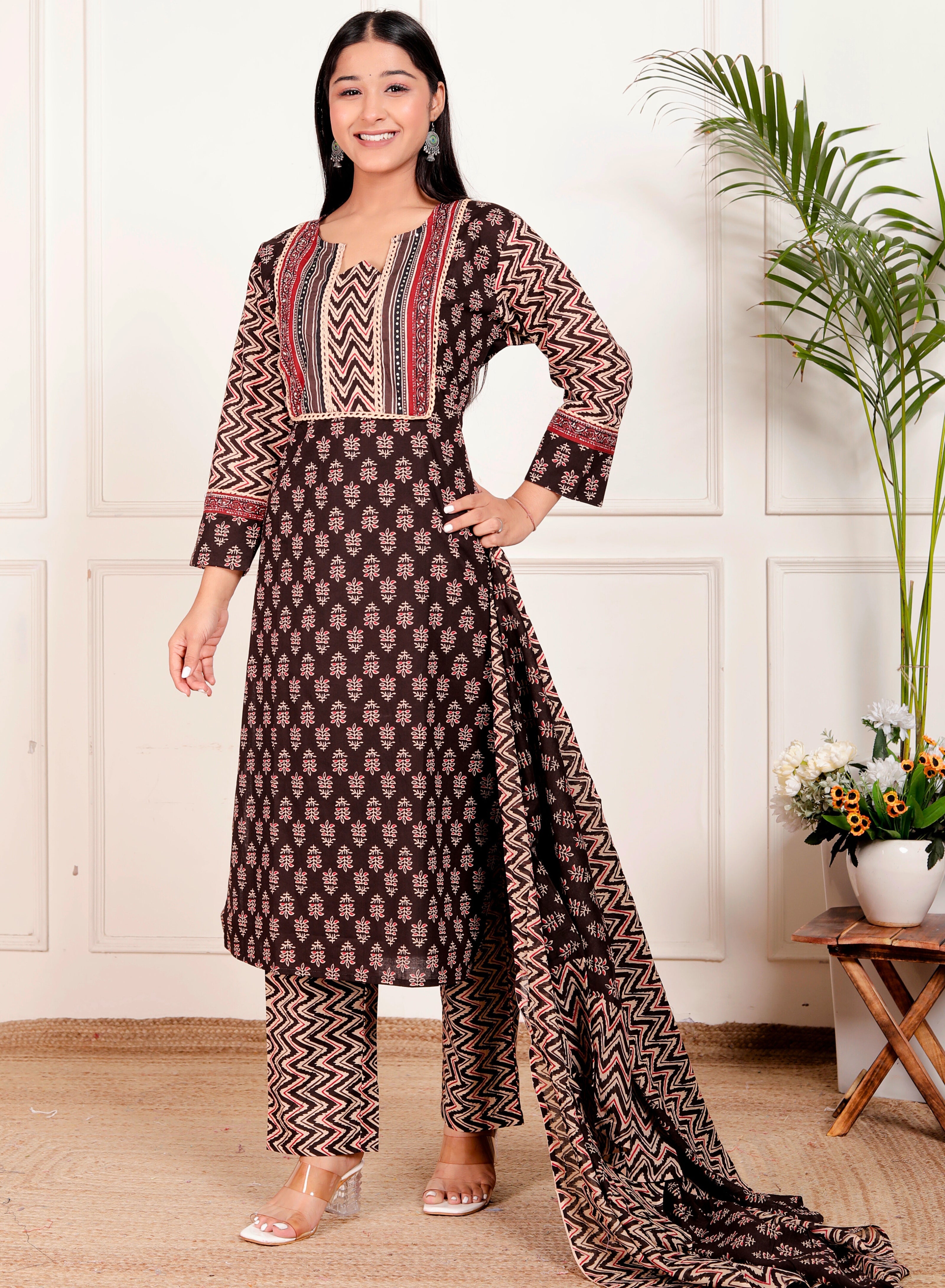 Brown Cotton Printed Kurta Pant Dupatta Set for Women – Ethnic Block Print