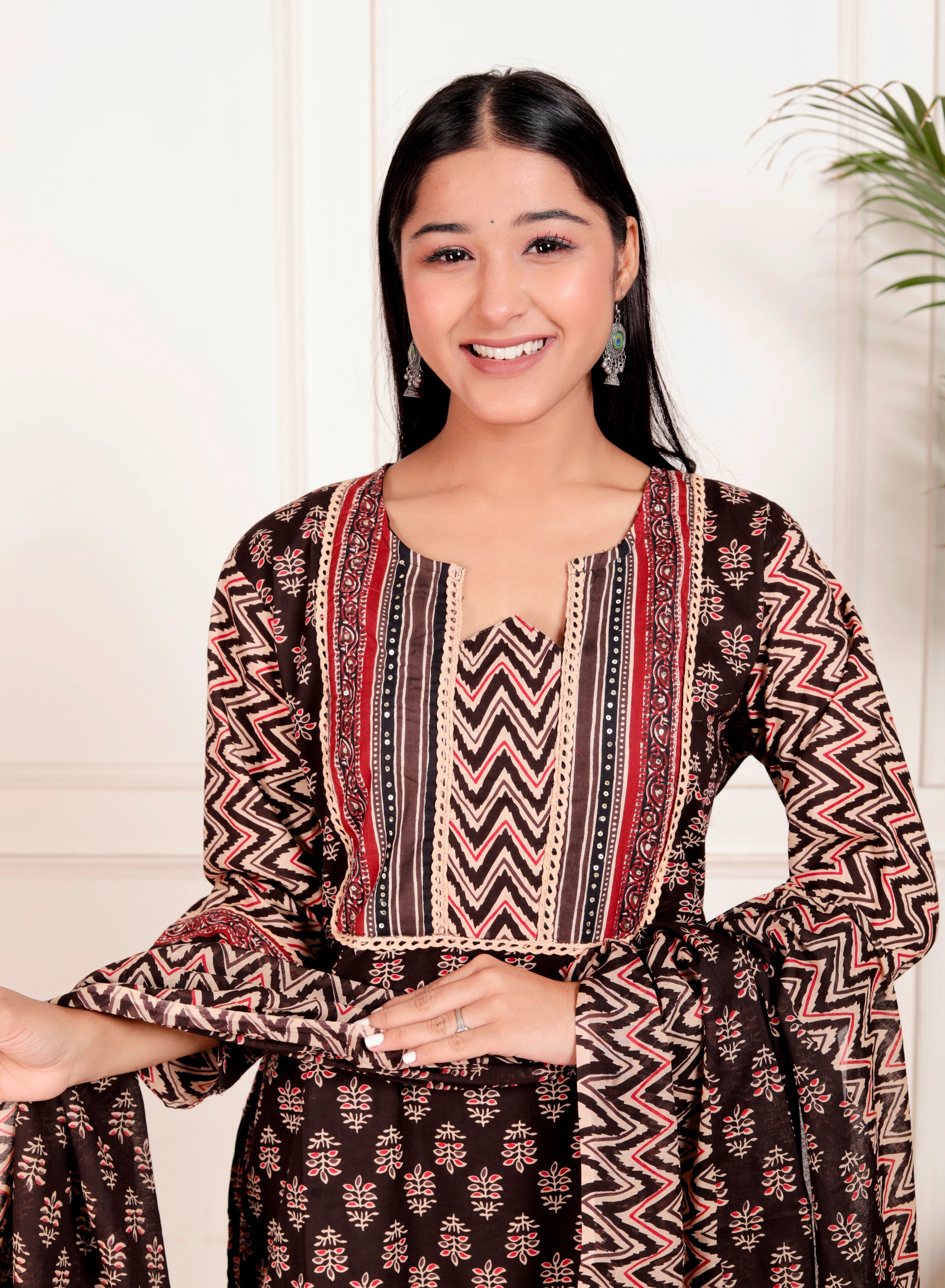 Brown Cotton Printed Kurta Pant Dupatta Set for Women – Ethnic Block Print
