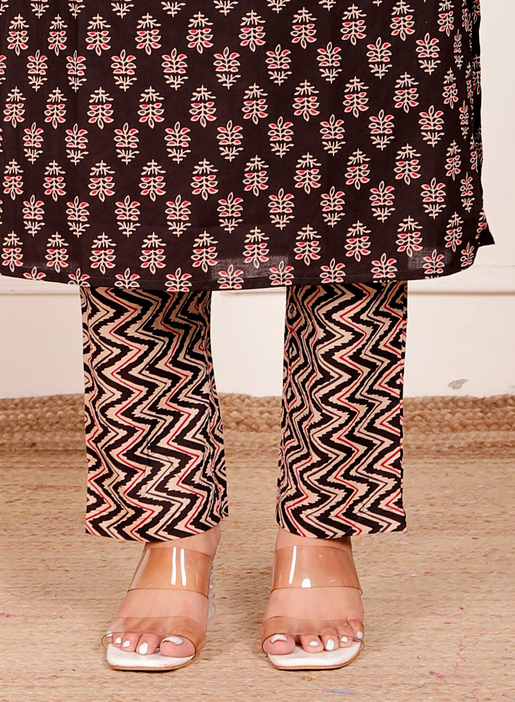 Brown Cotton Printed Kurta Pant Dupatta Set for Women – Ethnic Block Print