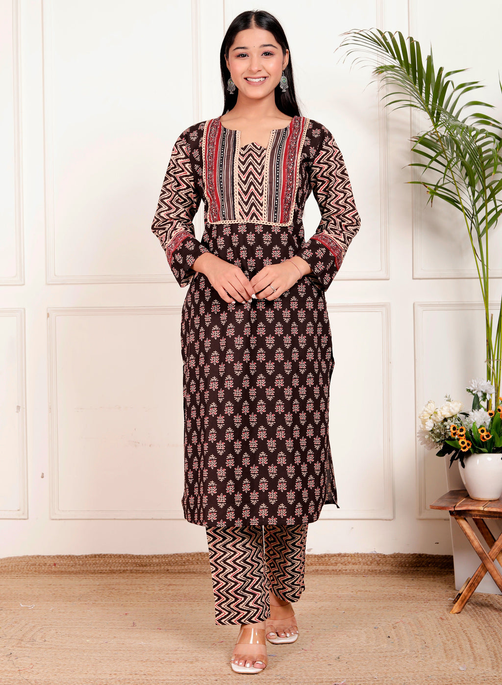 Brown Cotton Printed Kurta Pant Dupatta Set for Women – Ethnic Block Print