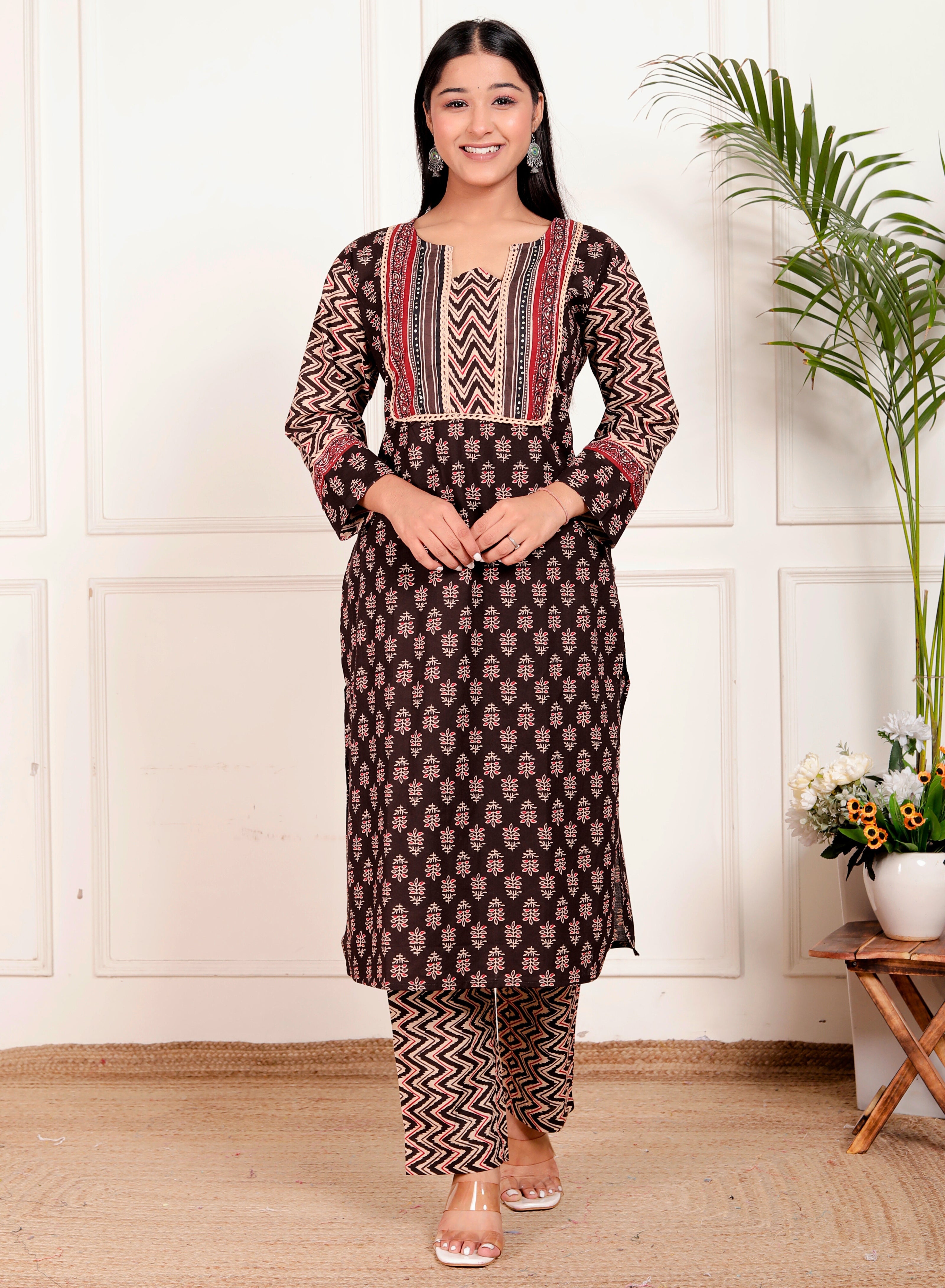 Brown Cotton Printed Kurta Pant Dupatta Set for Women – Ethnic Block Print
