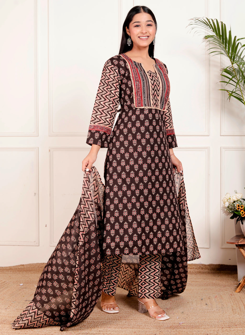 Brown Cotton Printed Kurta Pant Dupatta Set for Women – Ethnic Block Print