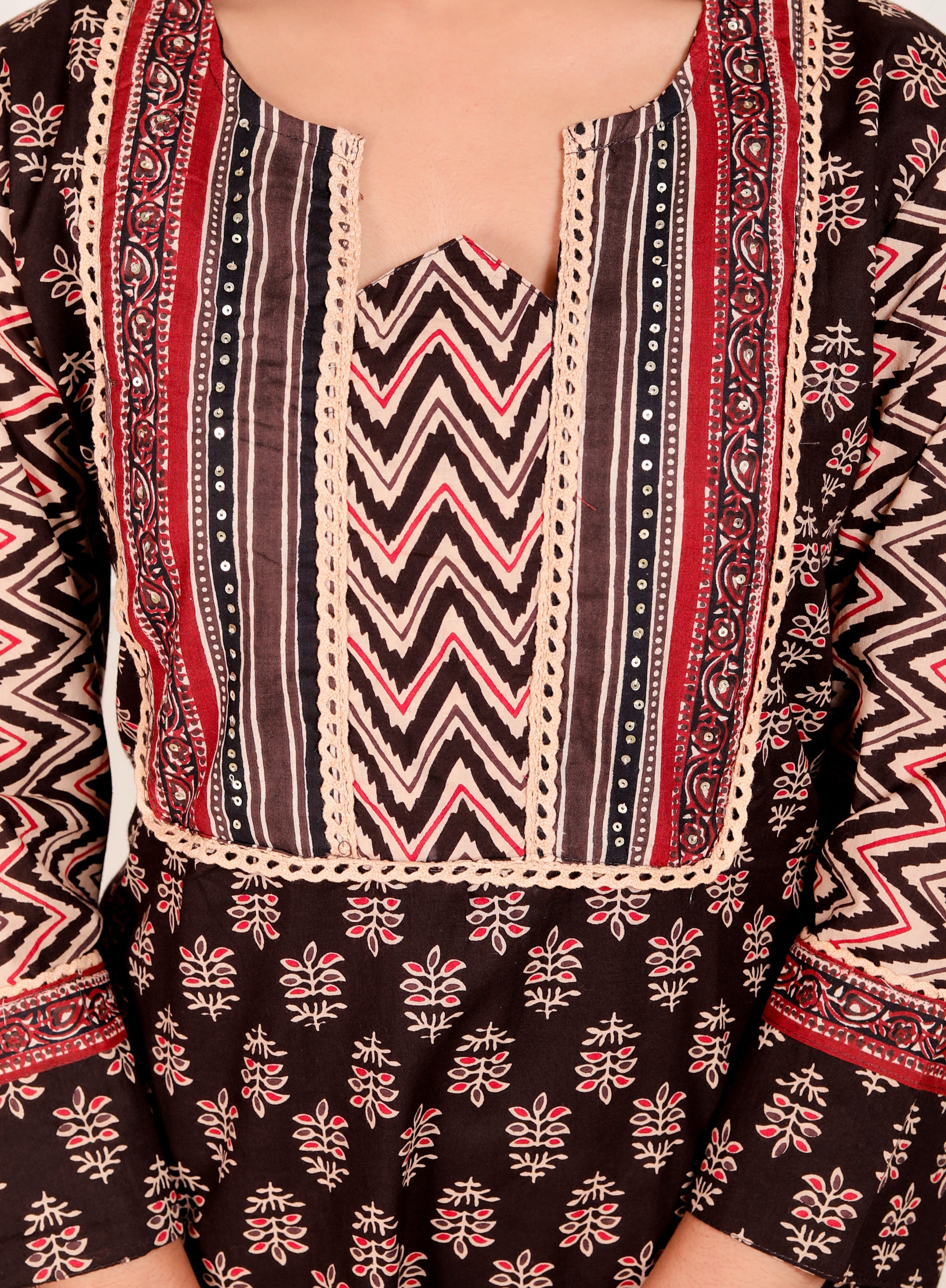 Brown Cotton Printed Kurta Pant Dupatta Set for Women – Ethnic Block Print