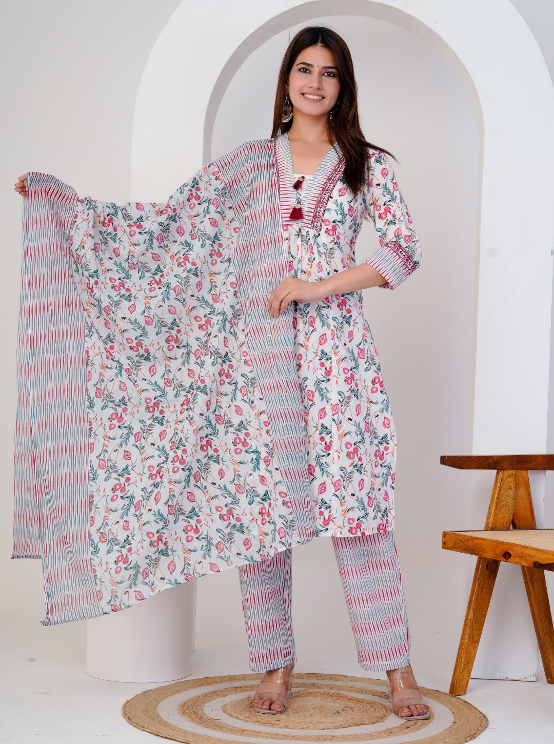 Elegant White Floral Printed Cotton Kurta Set with Striped Dupatta & Pants – 3 Piece Set