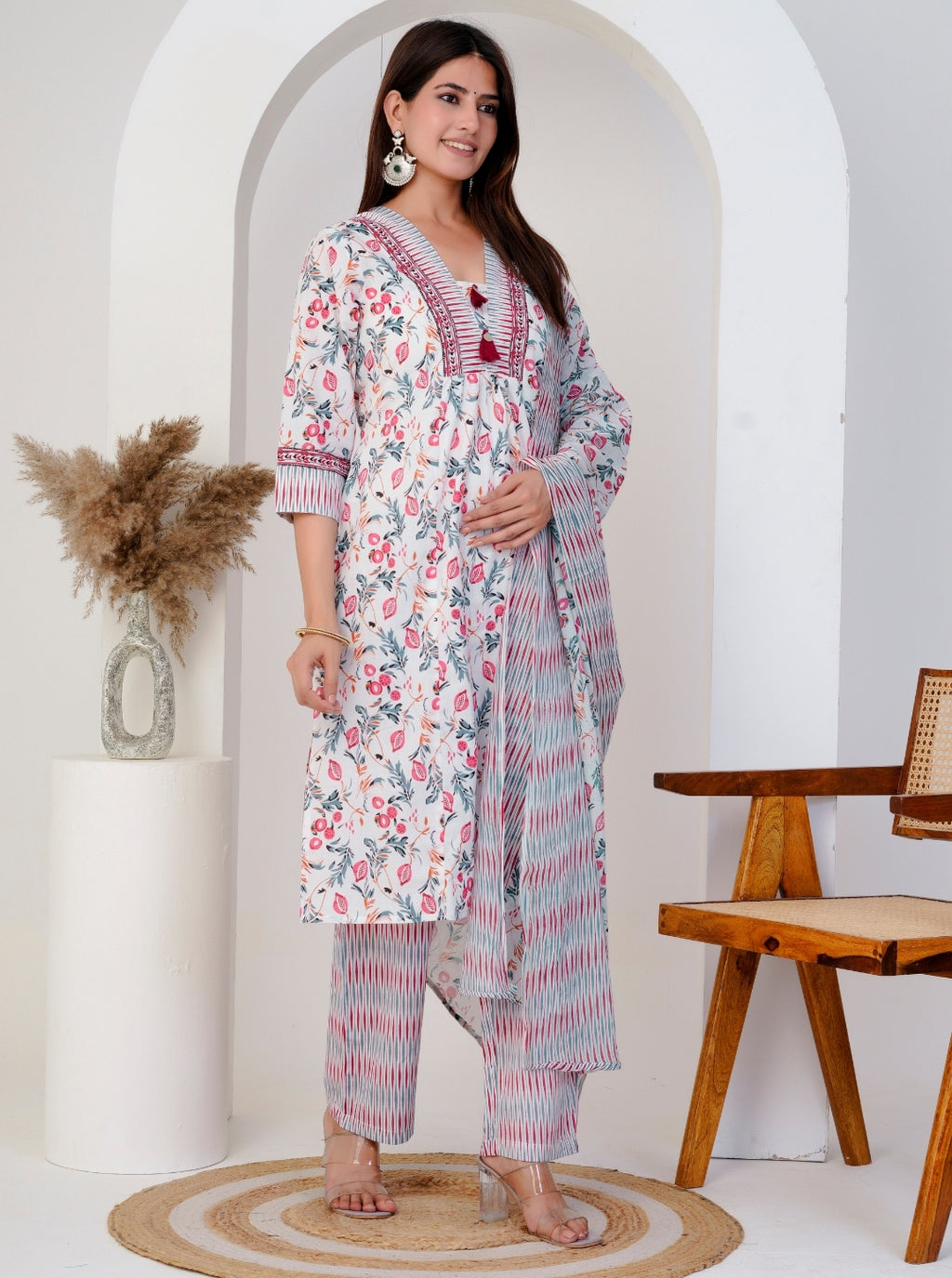 Elegant White Floral Printed Cotton Kurta Set with Striped Dupatta & Pants – 3 Piece Set
