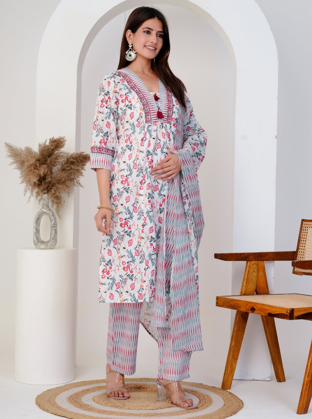 Elegant White Floral Printed Cotton Kurta Set with Striped Dupatta & Pants – 3 Piece Set