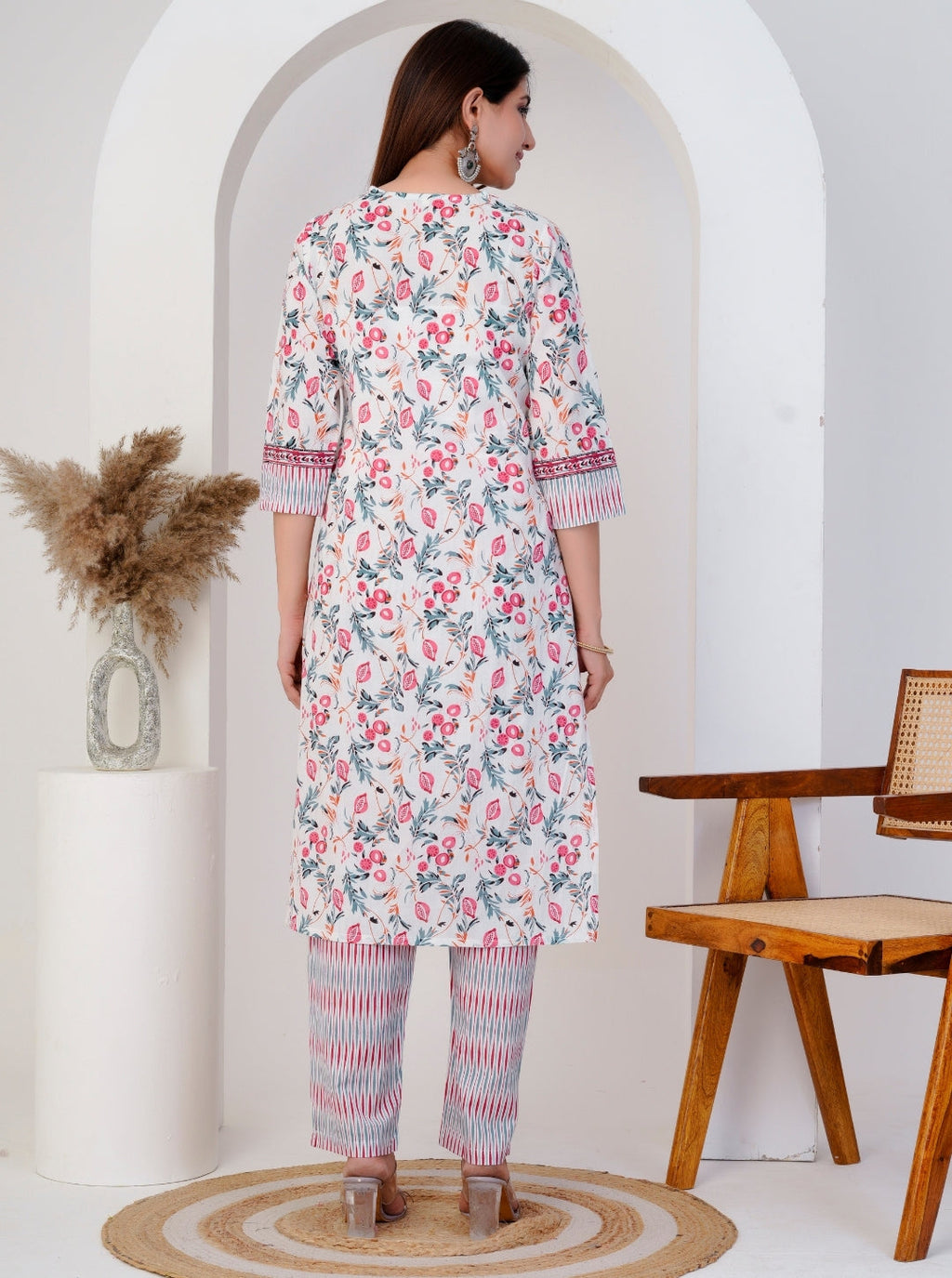 Elegant White Floral Printed Cotton Kurta Set with Striped Dupatta & Pants – 3 Piece Set