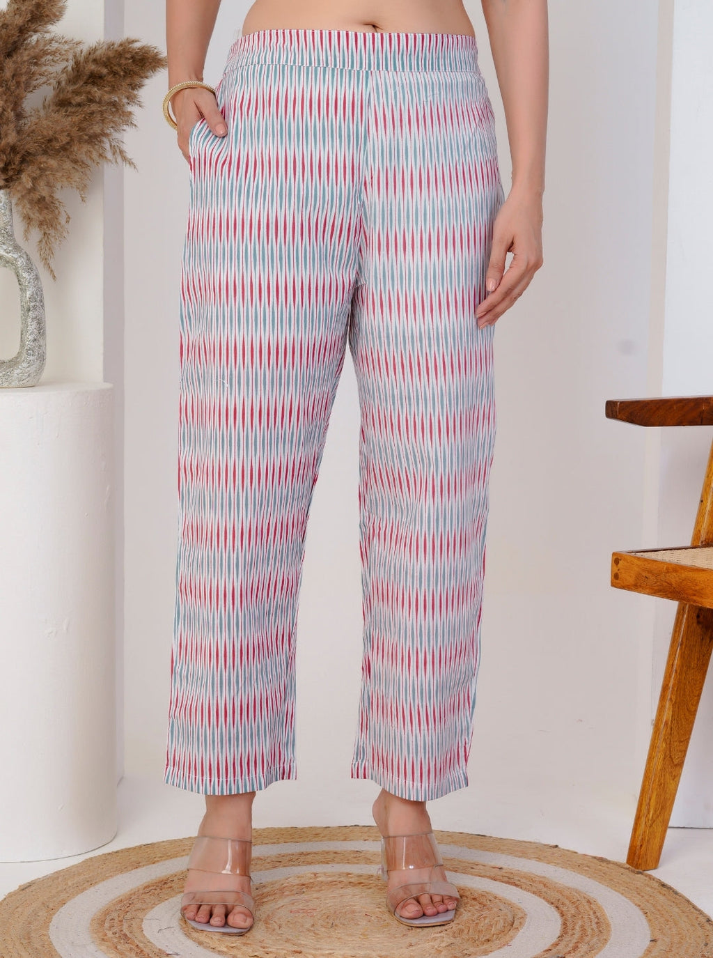 Elegant White Floral Printed Cotton Kurta Set with Striped Dupatta & Pants – 3 Piece Set