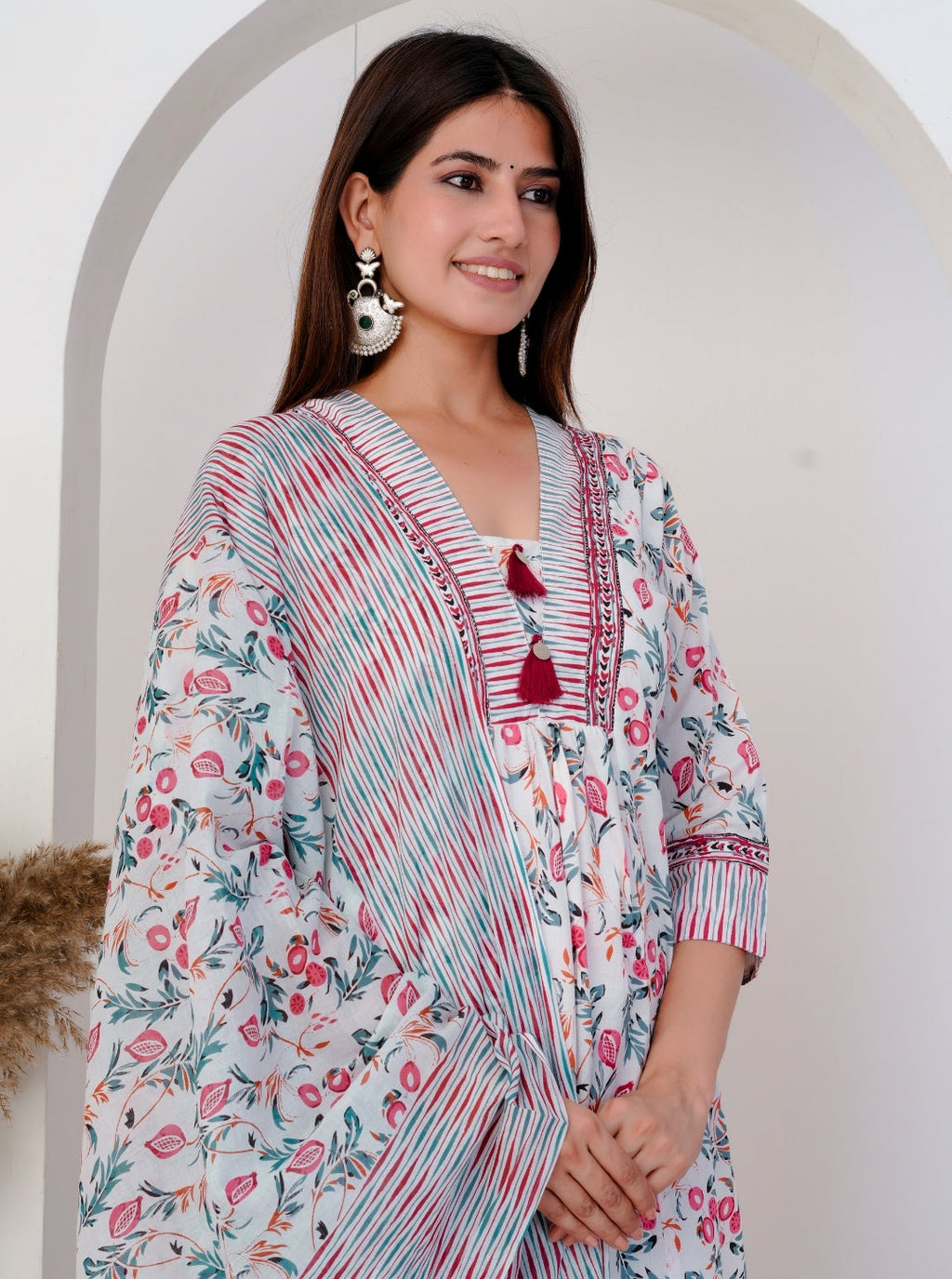 Elegant White Floral Printed Cotton Kurta Set with Striped Dupatta & Pants – 3 Piece Set