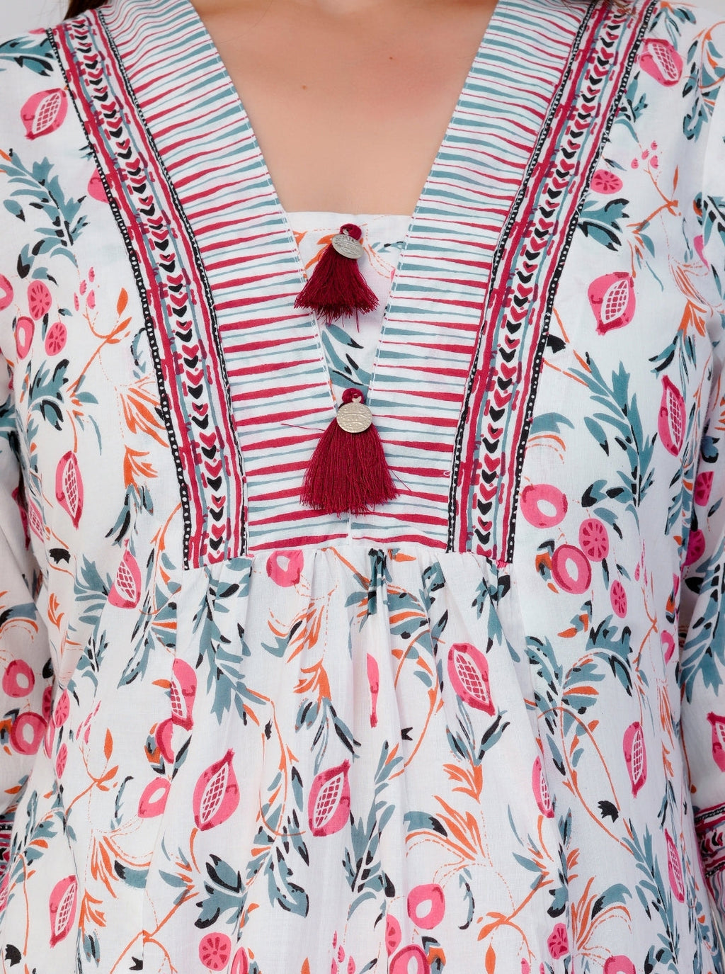 Elegant White Floral Printed Cotton Kurta Set with Striped Dupatta & Pants – 3 Piece Set