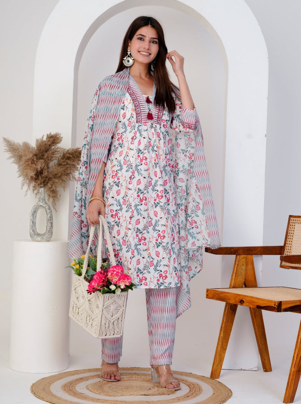 Elegant White Floral Printed Cotton Kurta Set with Striped Dupatta & Pants – 3 Piece Set