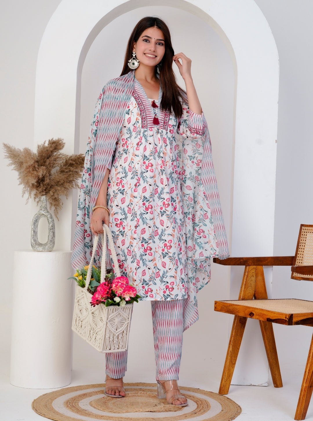 Elegant White Floral Printed Cotton Kurta Set with Striped Dupatta & Pants – 3 Piece Set