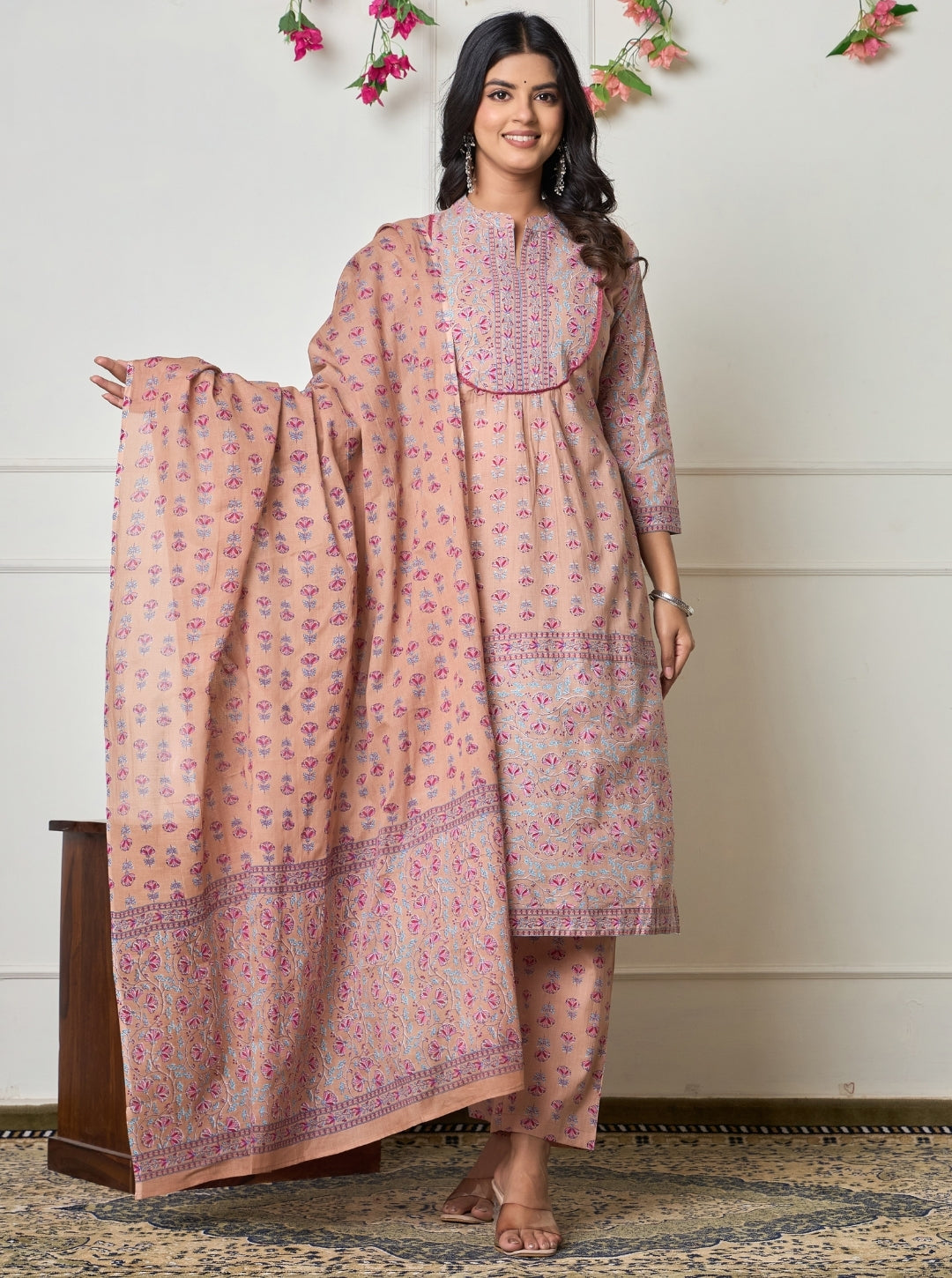Peach Pink Hand Block Printed Cotton Kurta Set with Dupatta