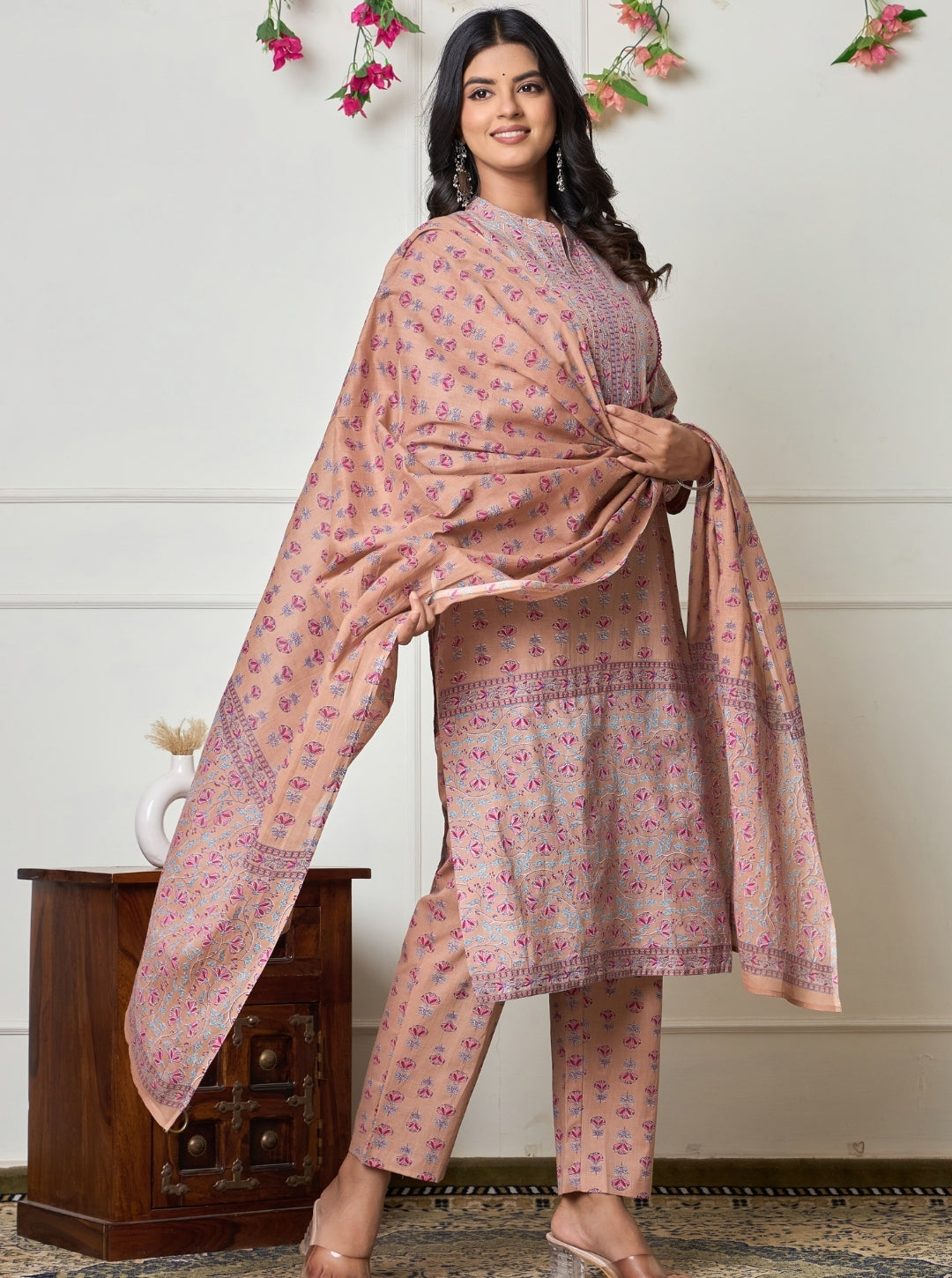 Peach Pink Hand Block Printed Cotton Kurta Set with Dupatta
