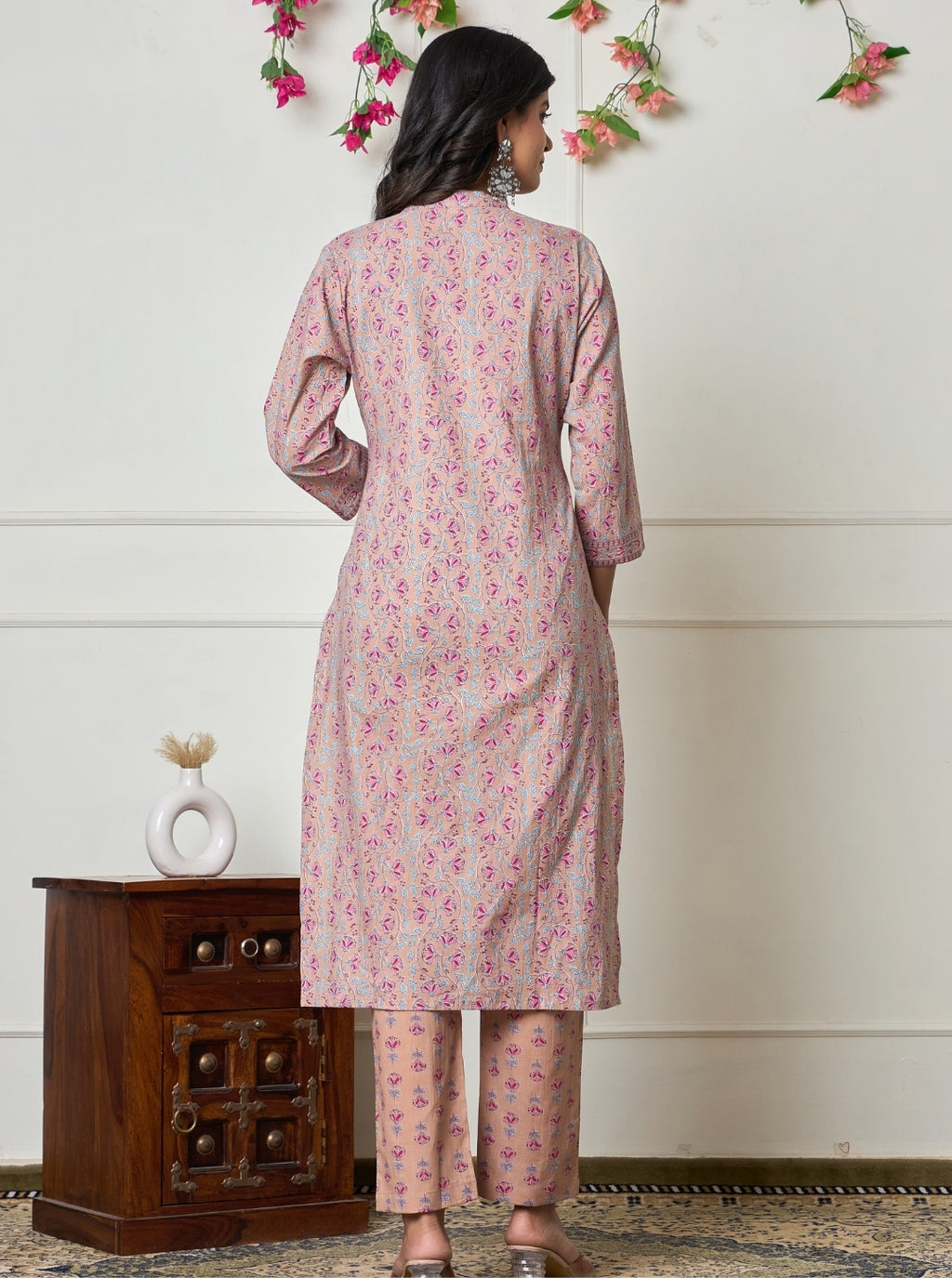 Peach Pink Hand Block Printed Cotton Kurta Set with Dupatta