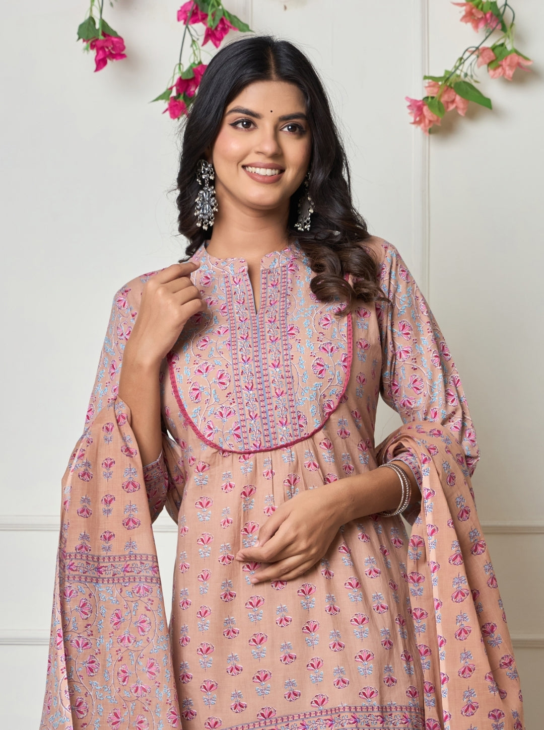 Peach Pink Hand Block Printed Cotton Kurta Set with Dupatta