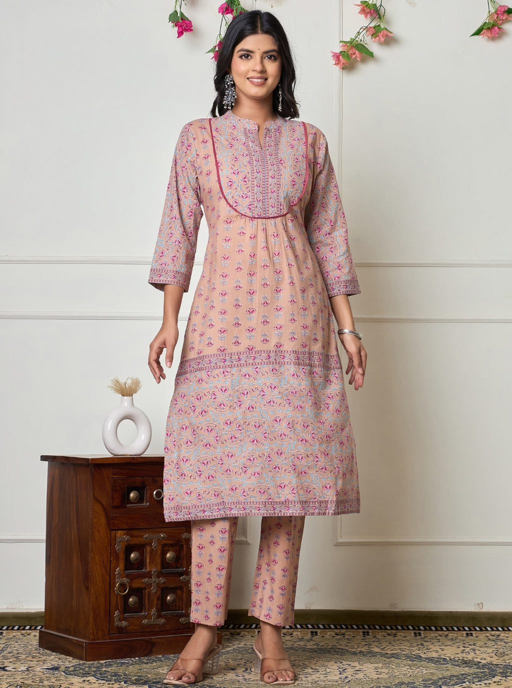 Peach Pink Hand Block Printed Cotton Kurta Set with Dupatta