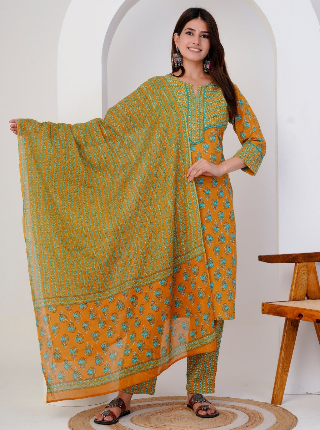 Mustard & Green Floral Handblock Print Cotton Kurta Set with Dupatta