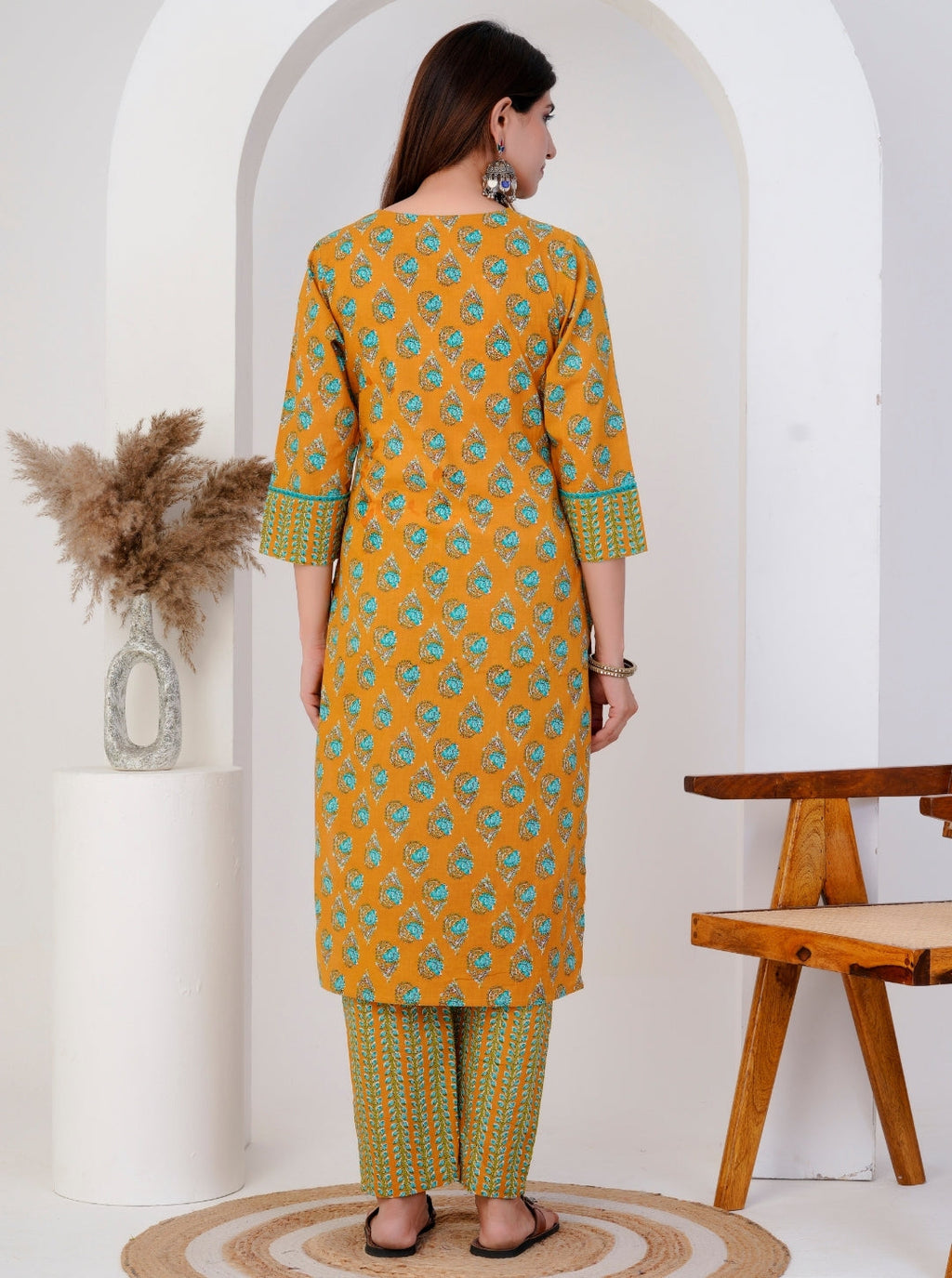 Mustard & Green Floral Handblock Print Cotton Kurta Set with Dupatta