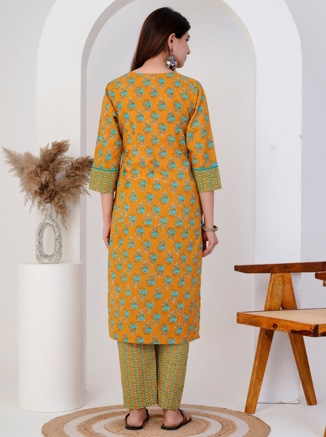 Mustard & Green Floral Handblock Print Cotton Kurta Set with Dupatta