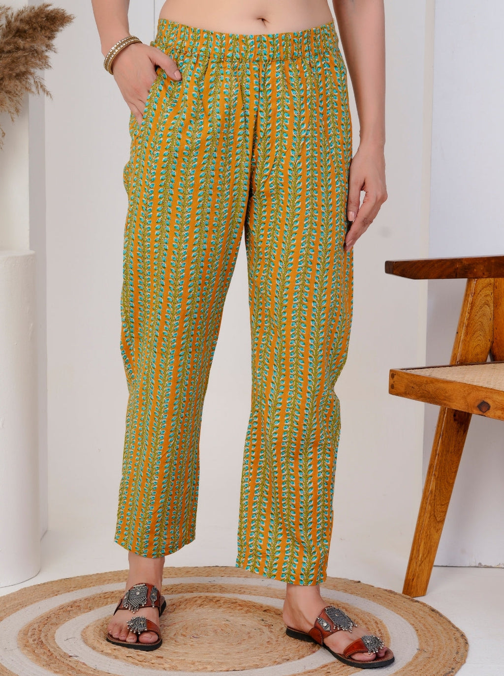 Mustard & Green Floral Handblock Print Cotton Kurta Set with Dupatta