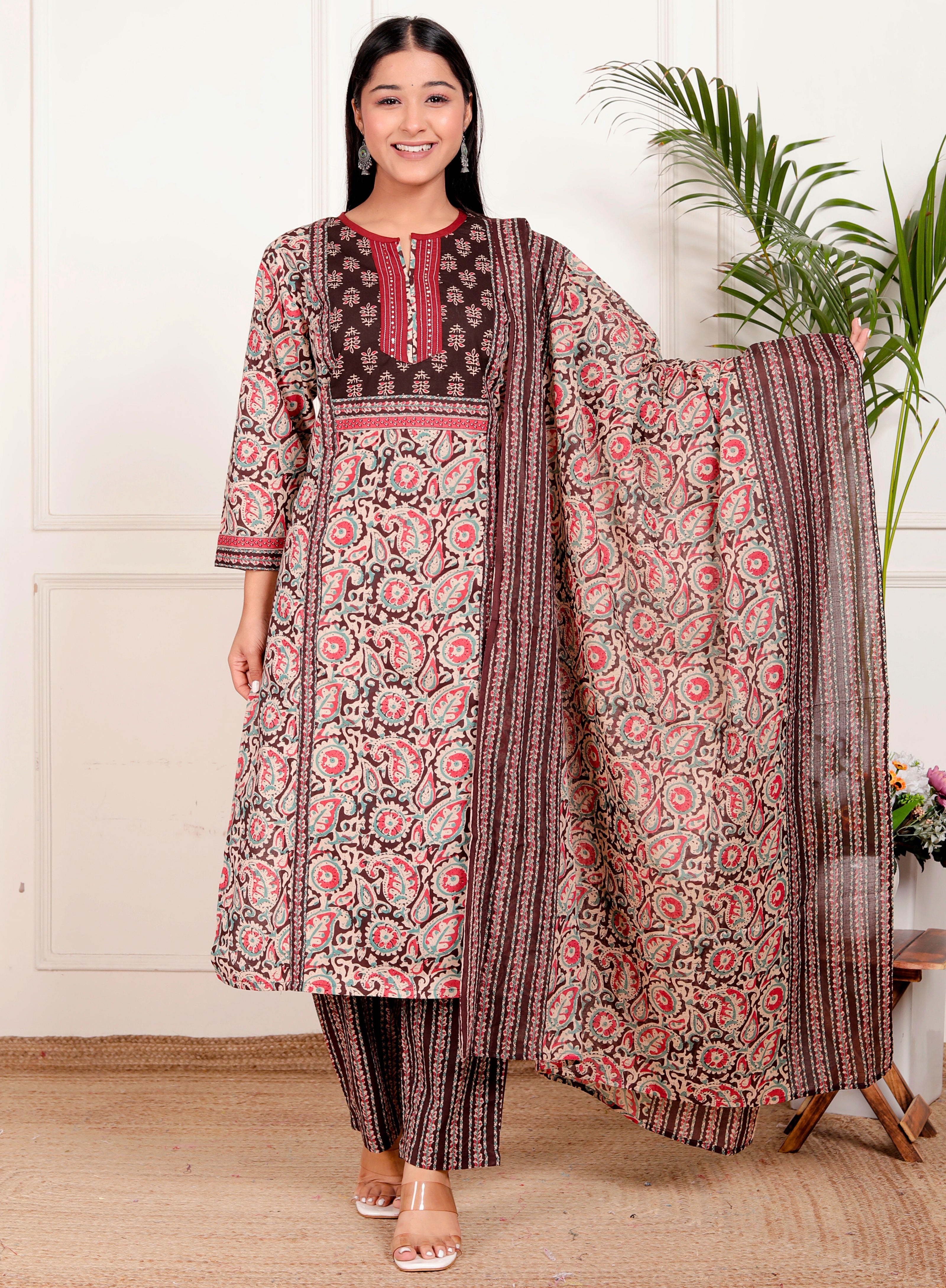 Floral Block Print Cotton Kurta Pant Dupatta Set – Maroon & Teal Ethnic Suit for Women