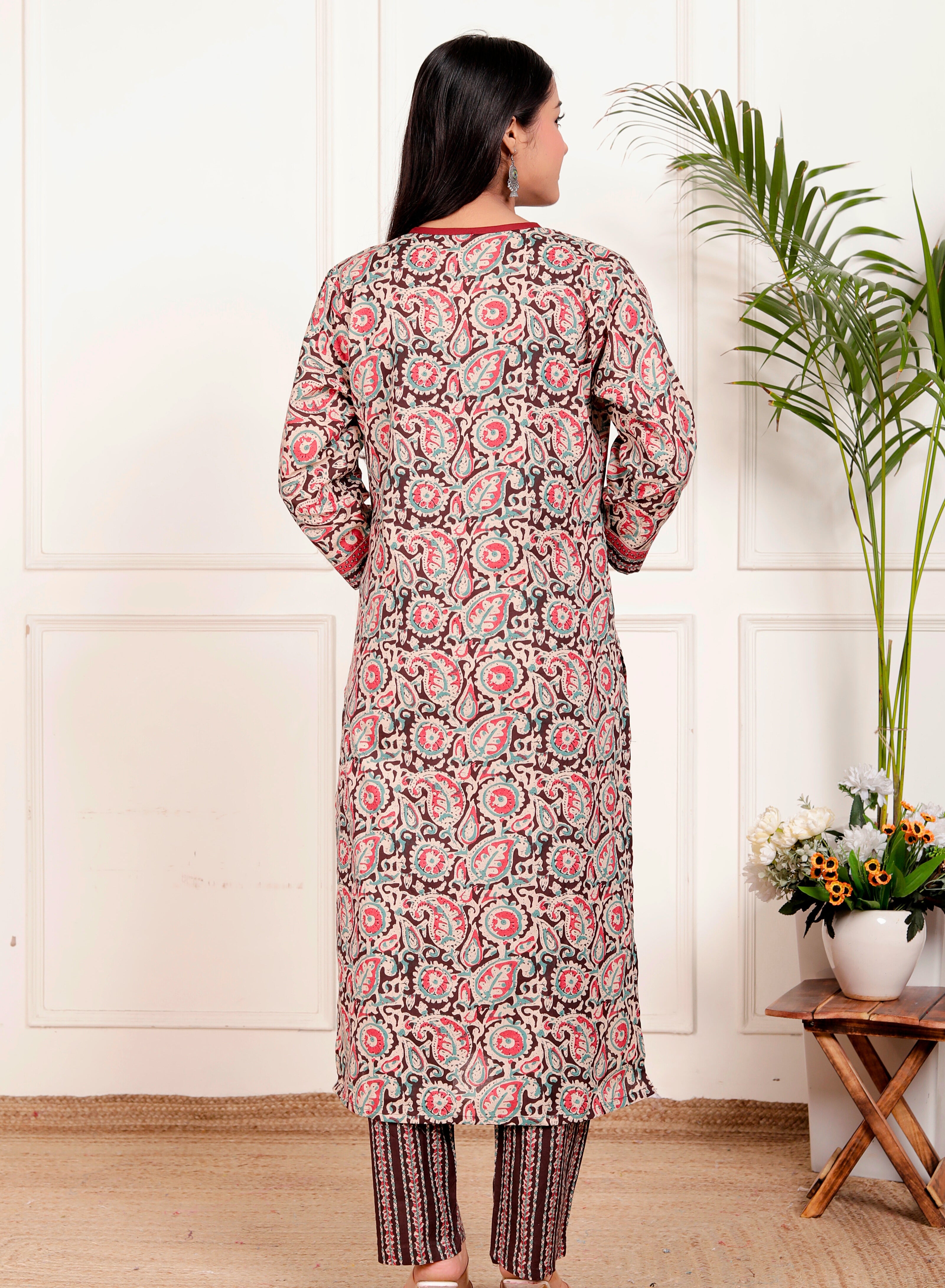 Floral Block Print Cotton Kurta Pant Dupatta Set – Maroon & Teal Ethnic Suit for Women