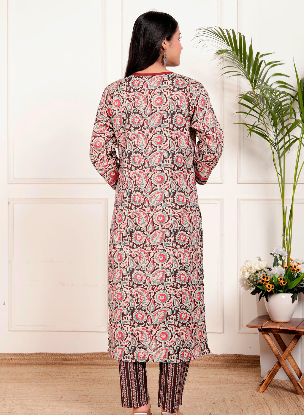 Floral Block Print Cotton Kurta Pant Dupatta Set – Maroon & Teal Ethnic Suit for Women