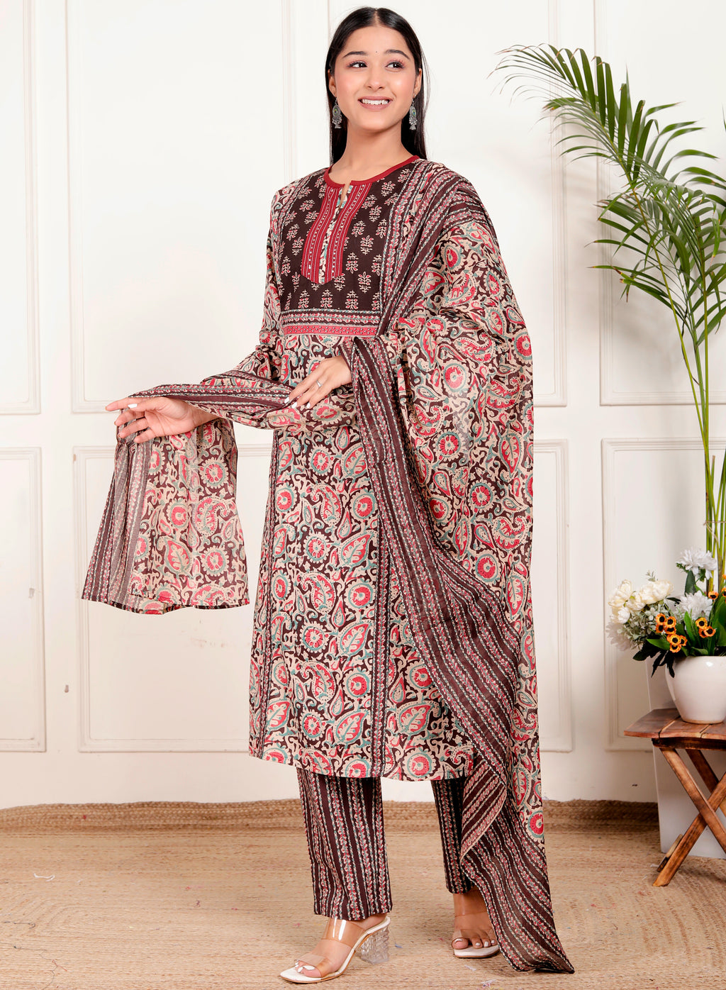 Floral Block Print Cotton Kurta Pant Dupatta Set – Maroon & Teal Ethnic Suit for Women