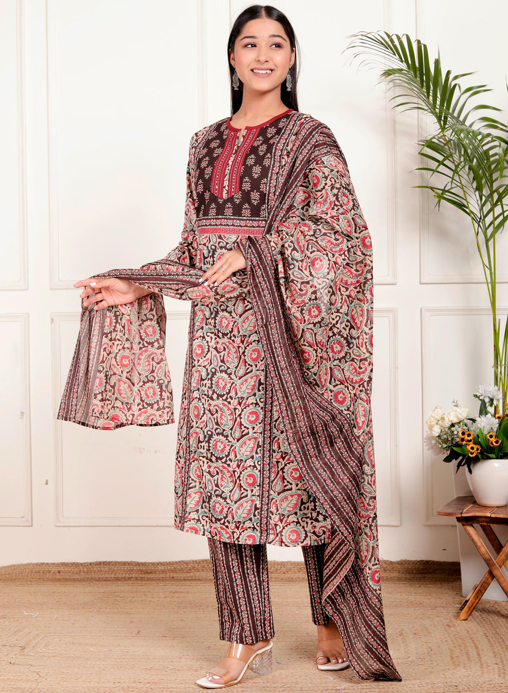 Floral Block Print Cotton Kurta Pant Dupatta Set – Maroon & Teal Ethnic Suit for Women